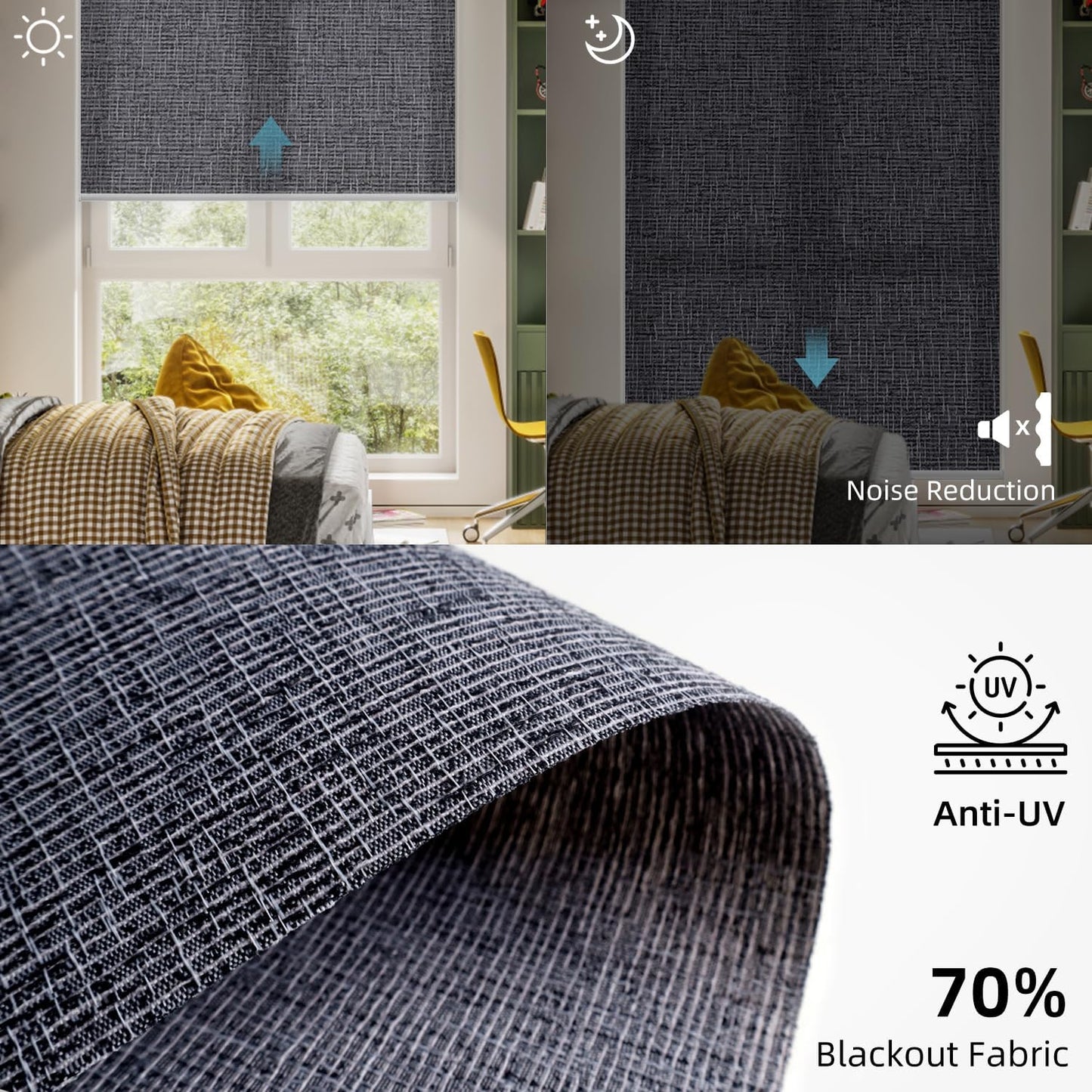 SmartWings Motorized Light Filtering Roller Shades 70% Blackout Work with Matter Homekit Alexa Z-Wave ZigBee SmartThings Google, Cordless with Remote Control, Twilight Charcoal Grey