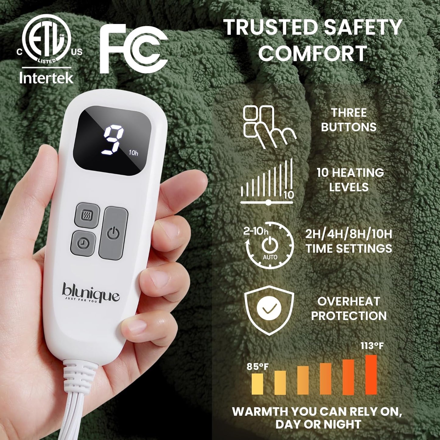 Heated Blanket Electric Blanket Throw - Fast Heating Blanket Throw Double Sided Sherpa Ultra Soft Cozy with 10 Heating Levels & 2-10 Hours Auto Off, Mashine Washable, 50 x 60 Inches, Green