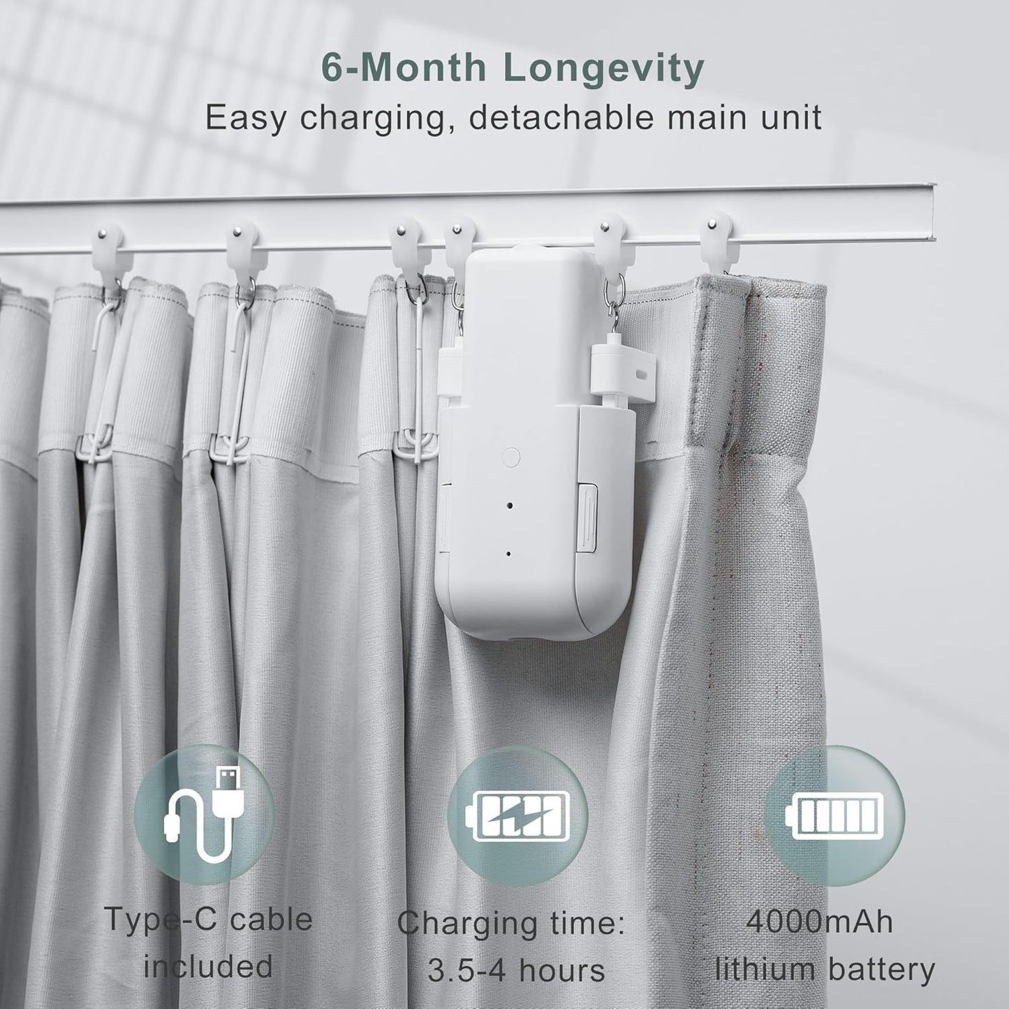 Automatic Curtain Opener Electric: Smart Remote Control Closer｜Long-Lasting Battery/Type-C｜No Drill for 8-40mm Roman Rods/T-Tracks & U-Rails｜Quiet Motor Robot for Bedroom/living room