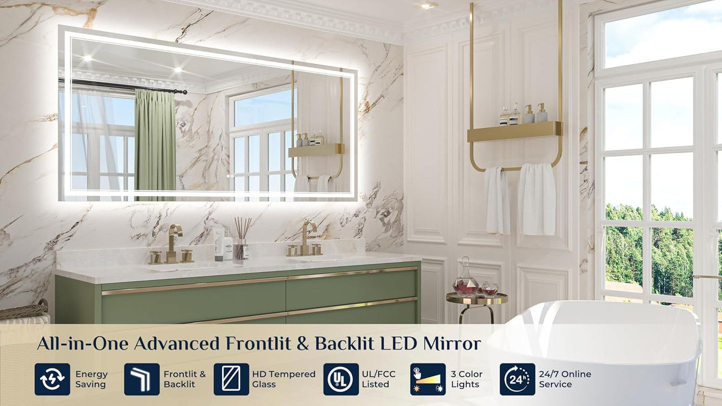 Keonjinn 72" x 36" LED Mirror with Frontlit & Backlit, Lighted Bathroom Mirror, HD Tempered Glass, Stepless Dimmable 3 Color Lights, Safe Defogger, UL-Listed, Oversized Light Up Bathroom Vanity Mirror