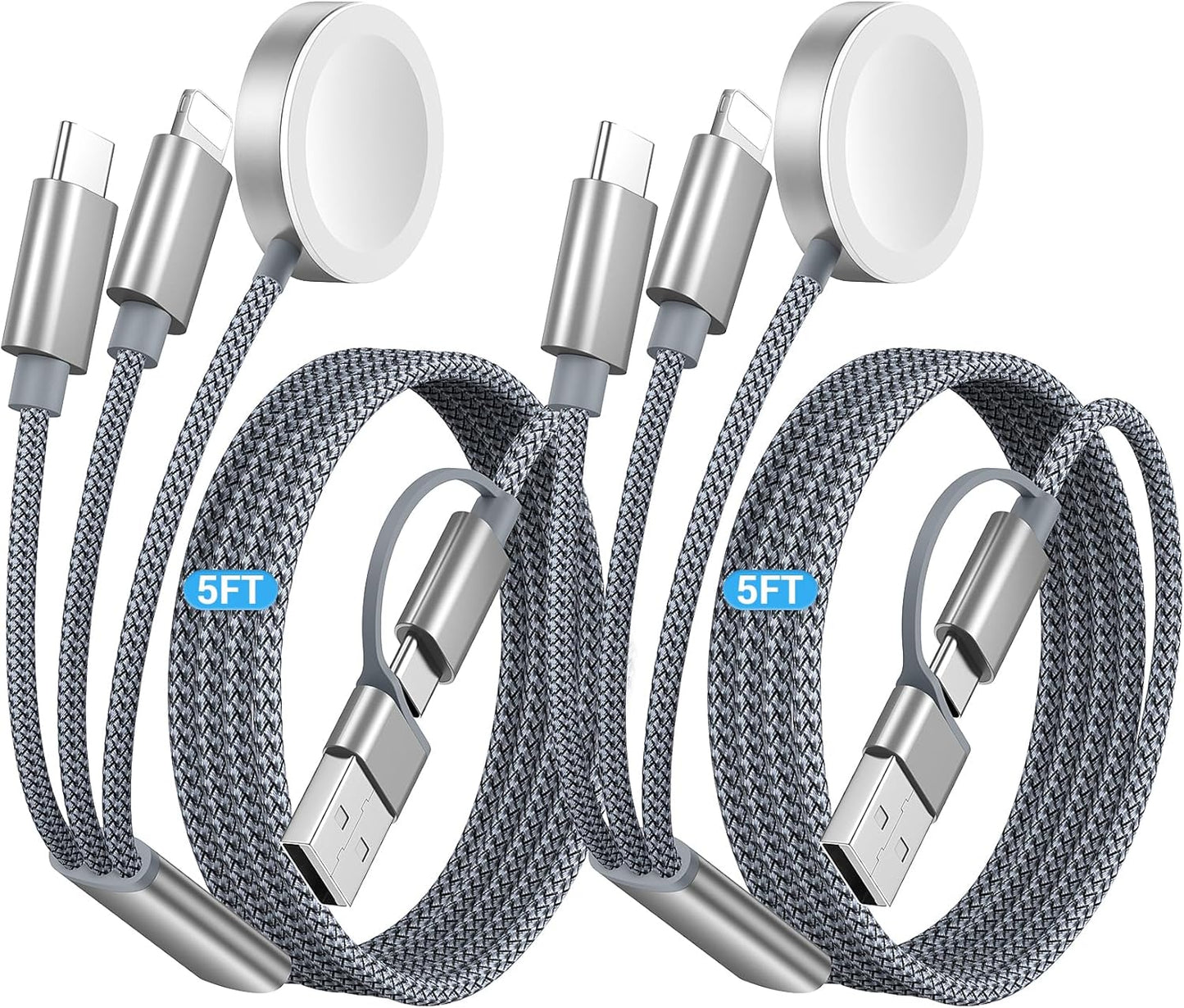 Temdan 2Pack for Apple Watch Charger, 3 in 2 Multi Charging Cable, iPhone Charger, USB A/Type C/Lightning Cable, Portable Travel Essentials Designed for iWatch Ultra/SE/11-1 & iPhone 17-12/ iPad-5Ft