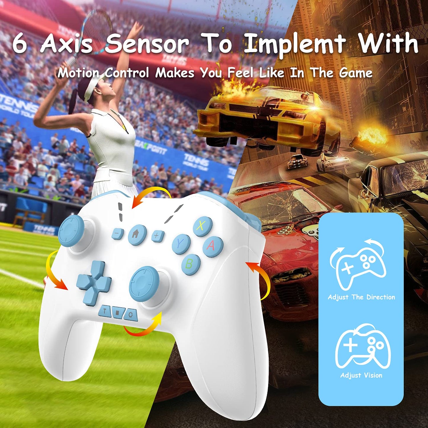 Bluetooth Controller for Switch/Mac/PC/Steam/Mobile Phone/iOS/Android//TV/iPad/Table/Apple Arcade MFi Games, switch pro controller wireless with Adjustable Dual Motion,Turbo,Macros,6-Axis,Wake Up for Black Myth: Wukong (Black) (Purple) (Light White Blue)