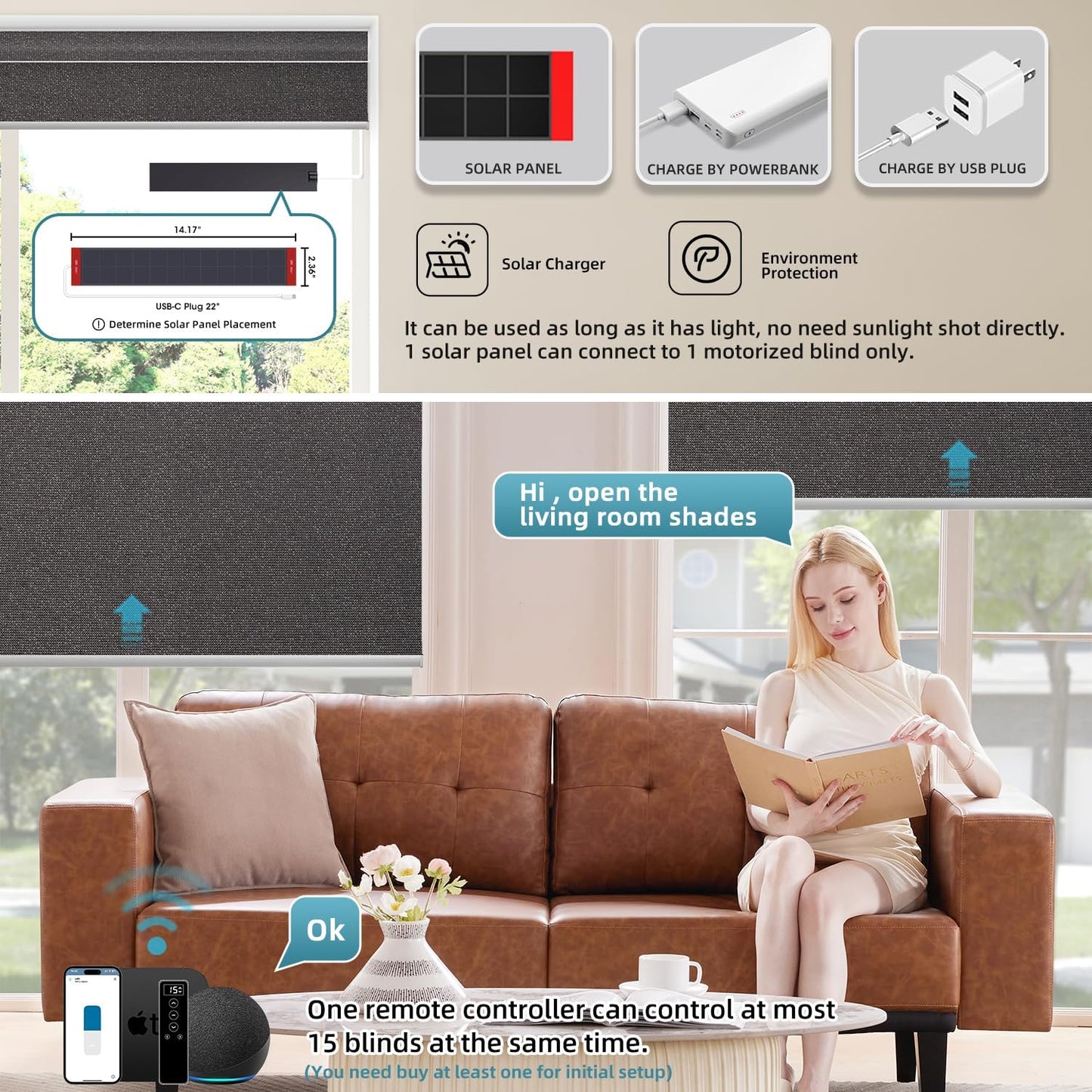 SmartWings Motorized 100% Blackout Shades Blinds, Custom Size, Cordless Window Shades with Rechargeable Battery, Work with Matter/Apple HomeKit, Alexa, Thread/Zigbee, Remote Optional, Eclipse Umber