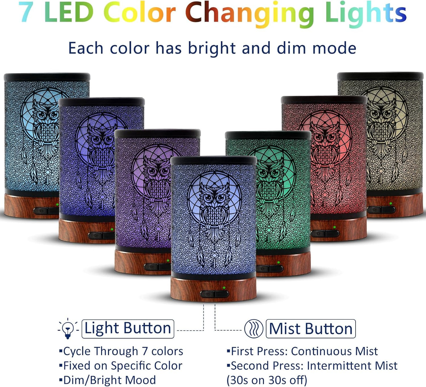 EQUSUPRO Essential Oil Diffuser 150ml Metal Aromatherapy Oil Diffuser Ultrasonic Cool Mist Diffuser with Auto Shut-Off Protection,7 Colors Changed LED for Home Office SPA Yoga (Owl)