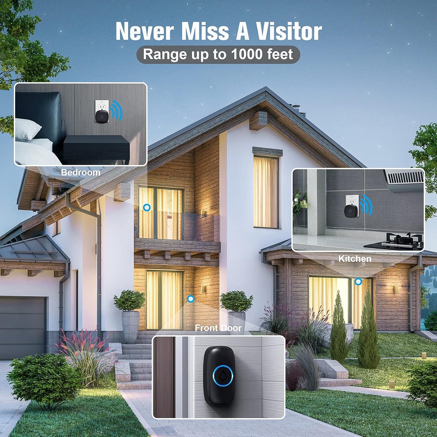 SECRUI Doorbell, Wireless Doorbell with 2 Receivers Easy installation, Adjustable Volume, 58 Chimes, Colorful LED, 1000Ft Range, M520+F55, Black
