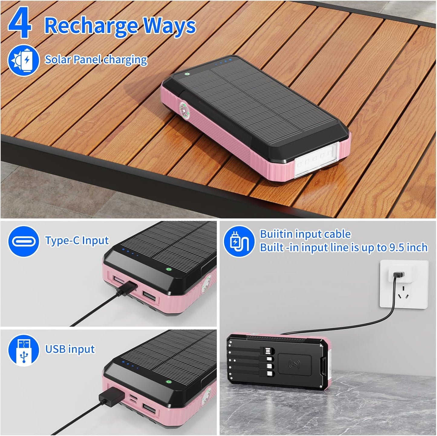 Solar Charger Power Bank 49800mAh, Portable Phone Wireless Charging Built-in 4 Cables 22.5W Fast Charging,Type-C Input/Output Port Solar Panel Charger with Flashlights&Compass for Camping（Pink