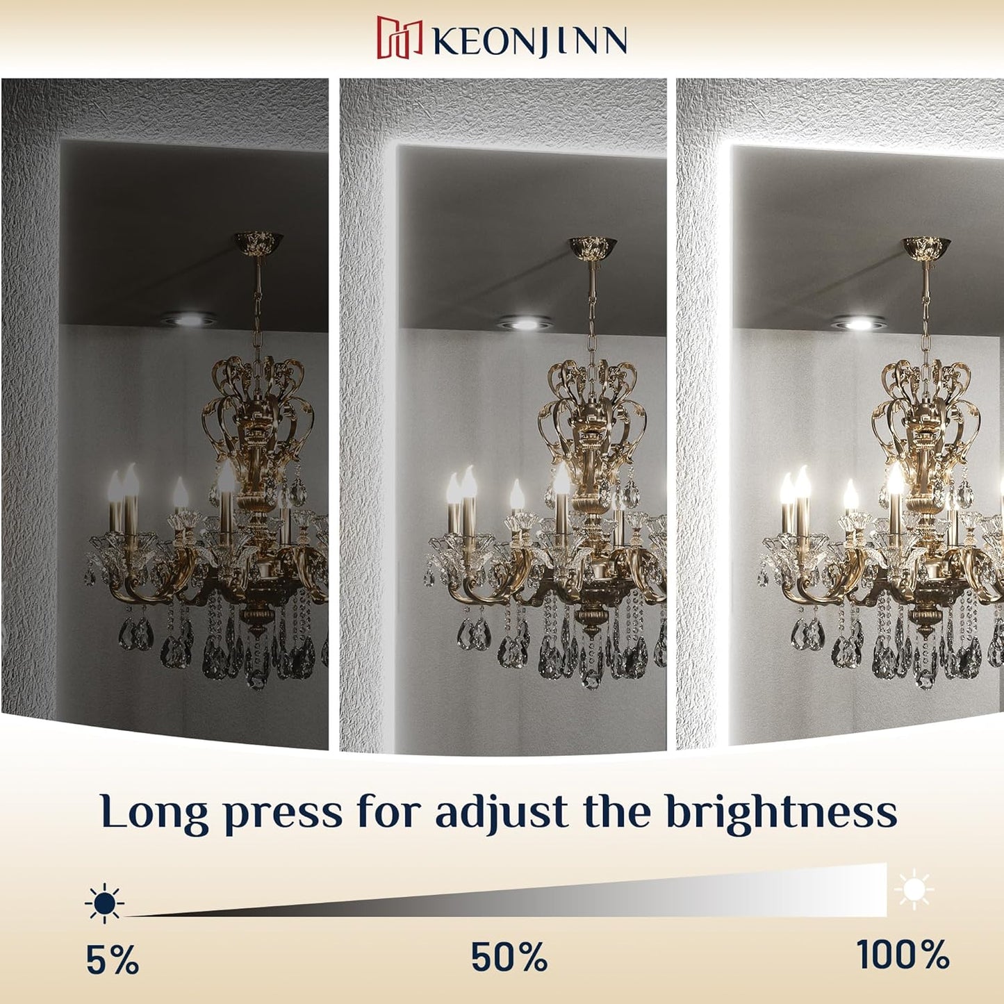 Keonjinn 24 x 36 Inch Backlit Mirror for Bathroom, Anti-Fog Led Mirror, CRI90+ HD Tempered Glass, Stepless Dimmable Lighted Mirror, High Lumen, UL Listed, Waterproof, Horizontal/Vertical