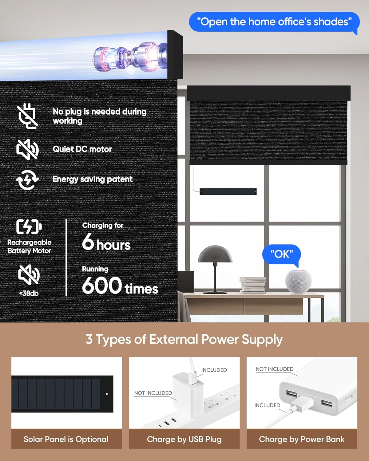 Kincmo Motorized Blinds with Remote,100% Blackout Motorized Roller Shades Work with Apple Homekit,Alexa,Google, Custom Electric Blinds with App,Voice Control (Atlantic Black)