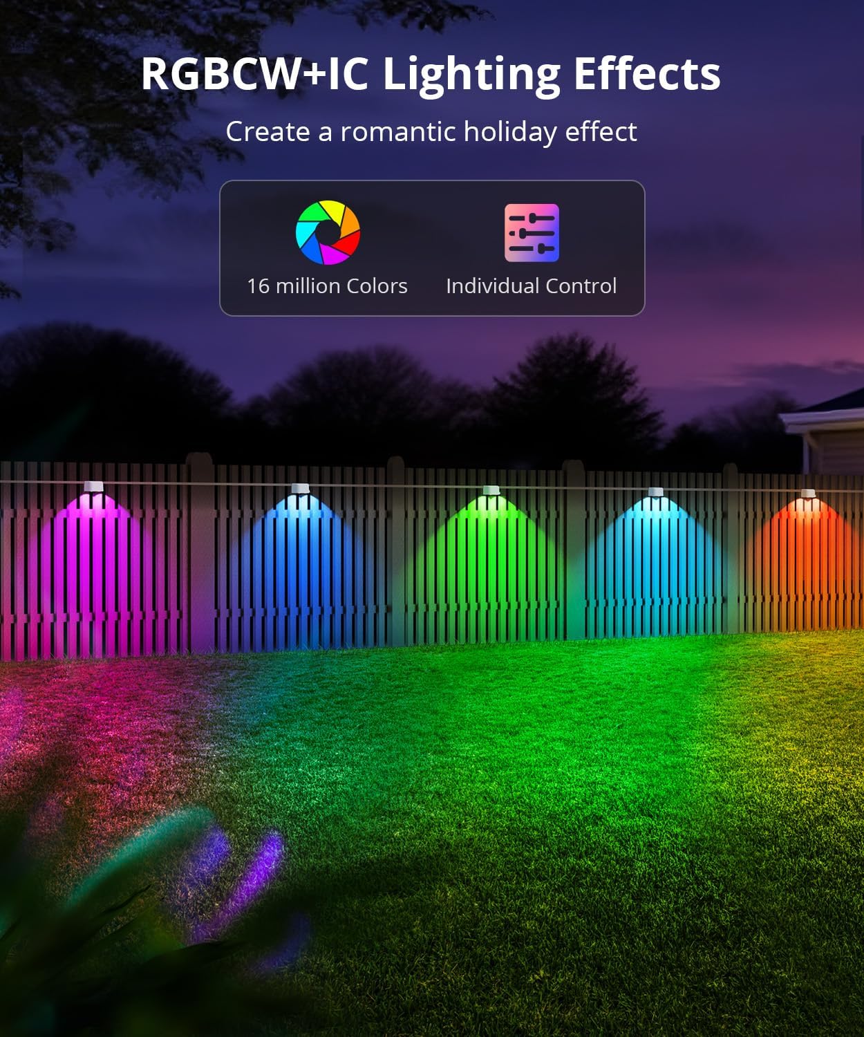 Outdoor Deck Lights 24 Packs, Smart RGBCW Fence Light, 100+ Scene Modes, Dual Lens LED String Lights with APP/Voice/Remote Control, IP65 Waterproof for Halloween Christmas Decor, 157ft White