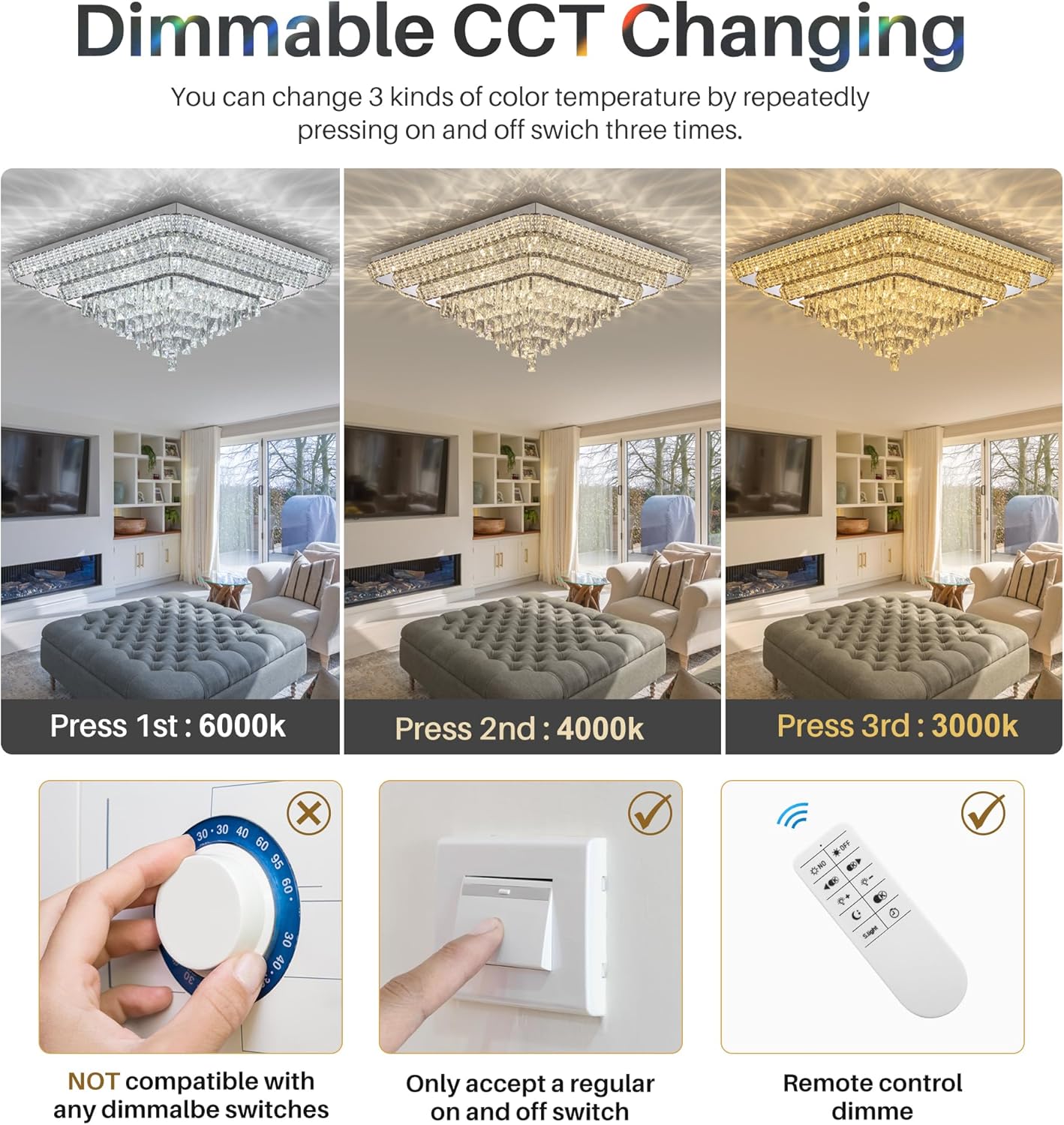 Elegant LED Crystal Raindrop Ceiling Light, 30 Inch Square Flush Mount Chandelier with Remote for Living Room Kitchen Island Bedroom Hallway Entryway Foyer (Dimmable)