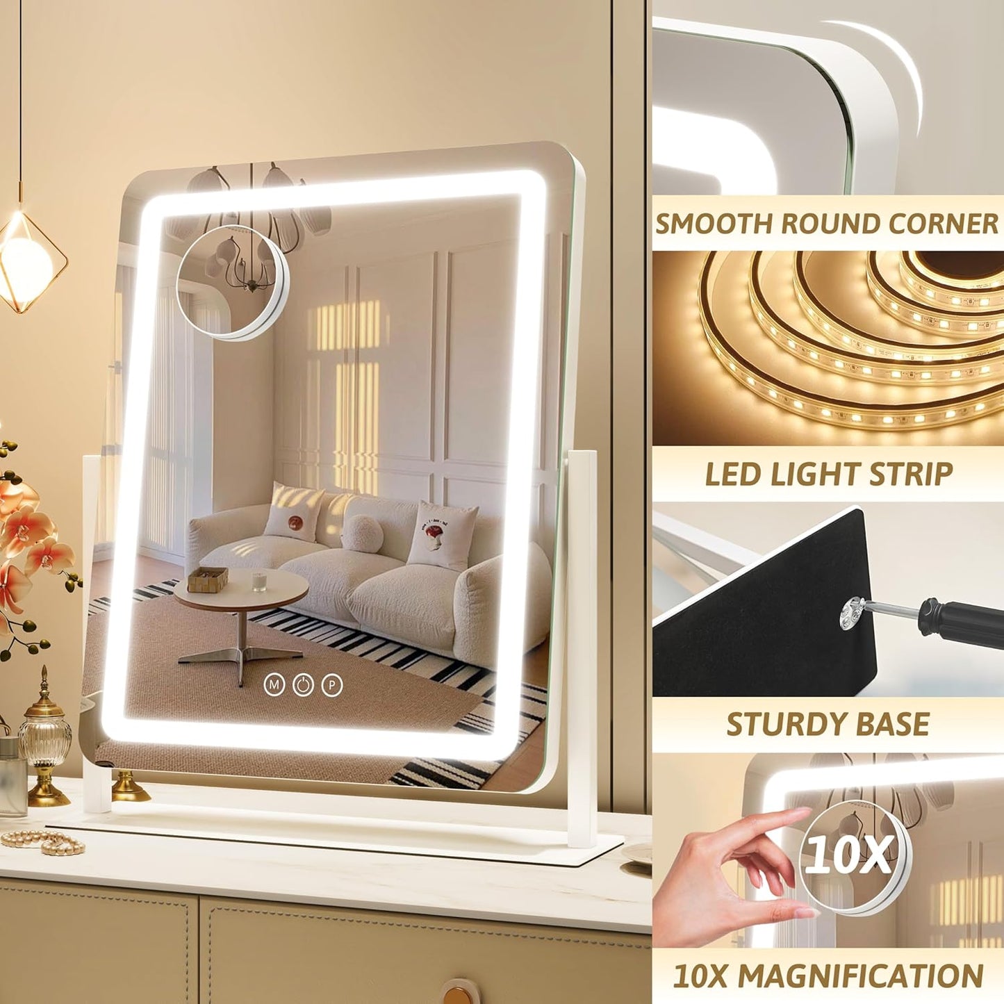 ROLOVE 22x18 Inch Vanity Mirror with Lights, 3 Color Dimmable LED Lighting, Smart Touch Control & 360° Rotation, Large Makeup Mirror for Bedroom, Dressing Room (White)