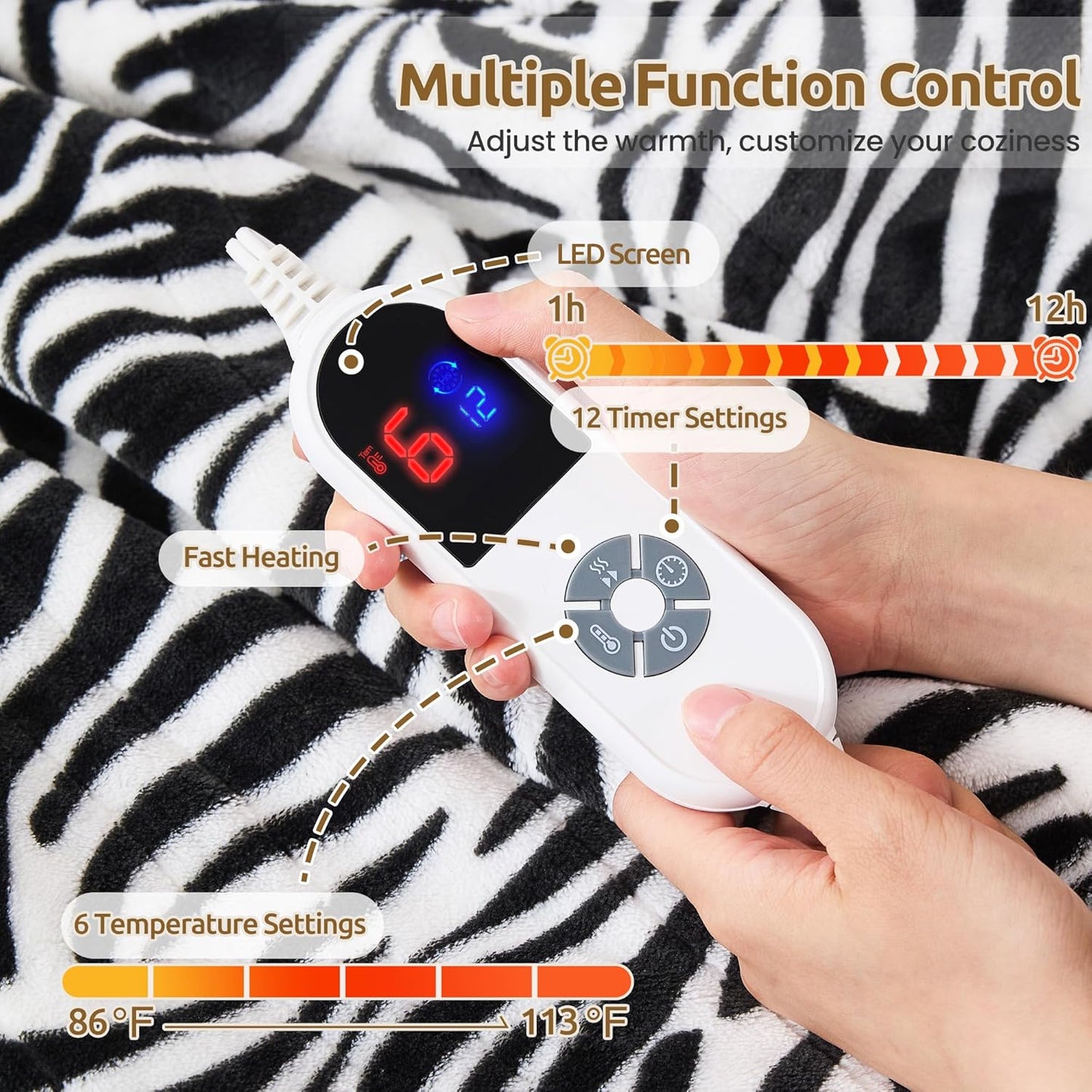 Heated Throw Blanket 50"x60", Electric Blanket with 6 Heat Settings & 1-12H Timer, Cozy Soft Flannel Sherpa, Machine Washable, Warm Gift for Women, Tiger