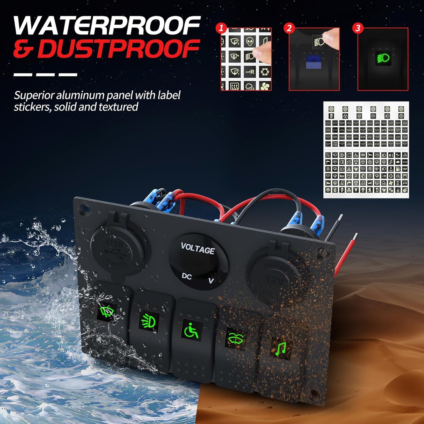 Marine Switch Panel Waterproof 12 Volt 5 Gang Rocker Switch Panel Blue Lighted with Dual USB Socket 4.8A & 12V LED Voltmeter & Cigarette Lighter Socket for Marine Boat Car RV Truck