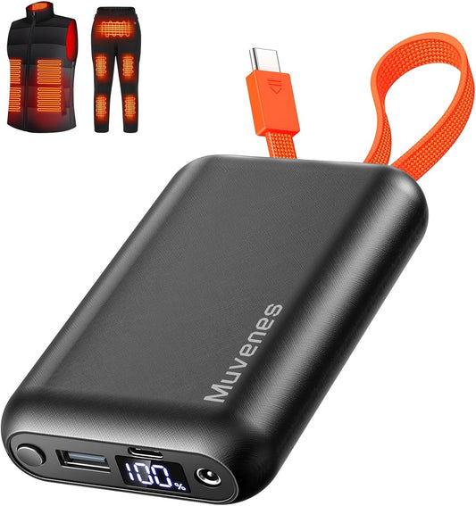7.4V 20000mAh Heated Vest Battery Pack Compatible with ORORO, with Venustas, Rechargeable Outdoor Power Bank with Built-in USB-C Cable, DC/USB Ports for Heated Vests, Jackets, and Pants