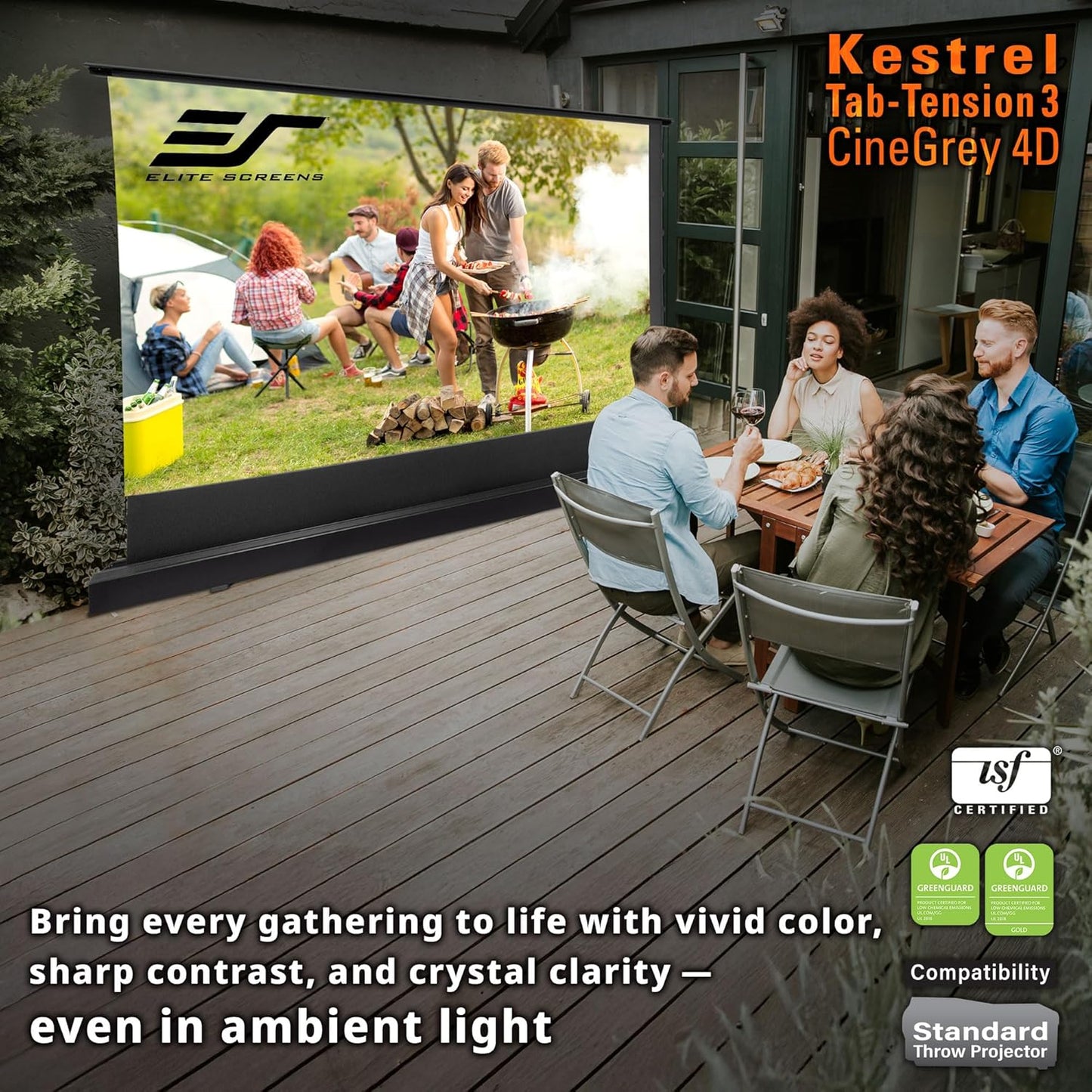 Elite Screens Kestrel Tab-Tension Pro CineGrey 4D, 135" Diag., 16:9 Aspect Ratio, ISF Certified 4K/8K Ultra HD Electric Floor-Rising Motorized Tab-Tensioned Front Projector Screen, FTE135H3-C4D