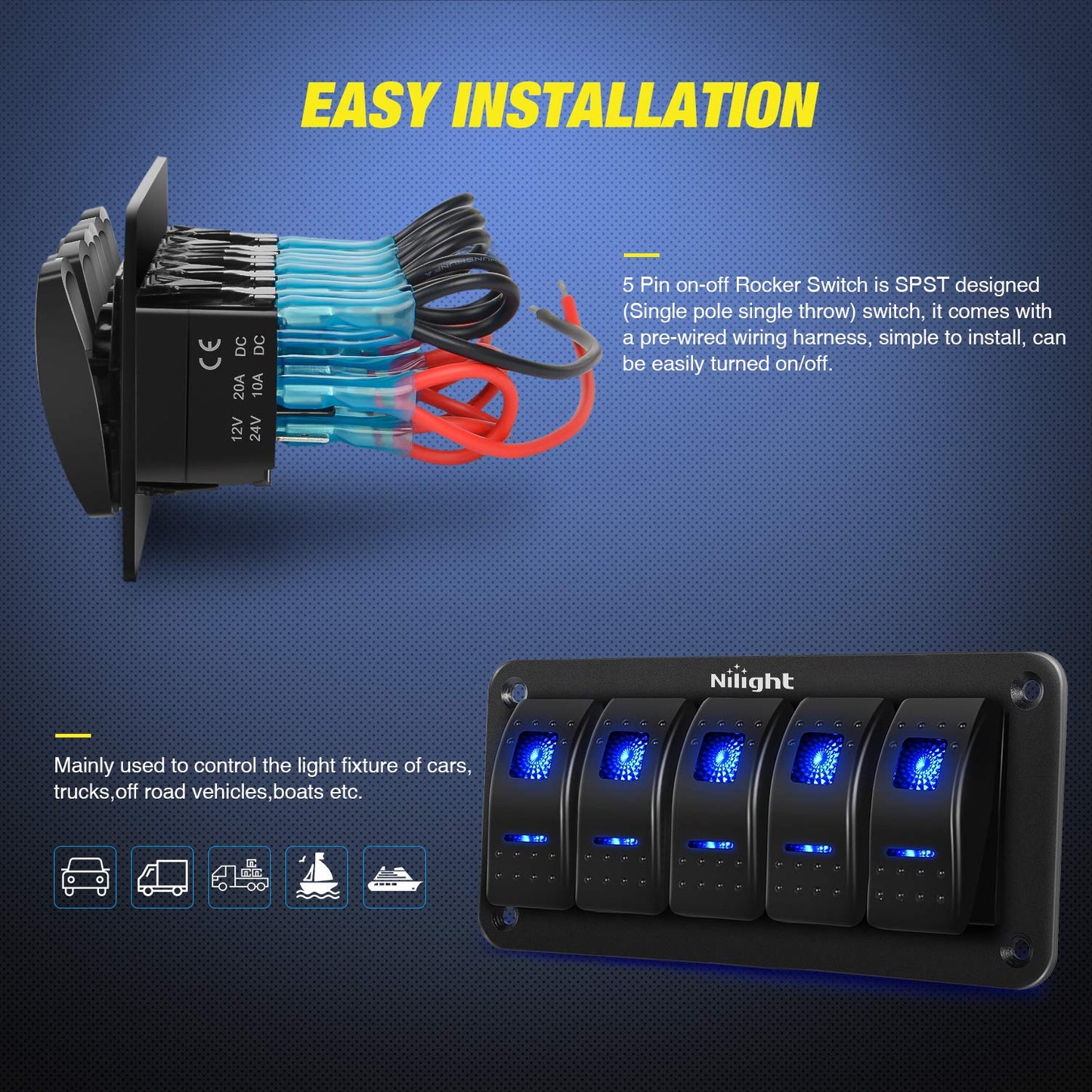Nilight - 90110E 5 Gang Aluminum Rocker Switch Panel Toggle Dash 5 Pin ON/Off Pre-Wired Rocker Switch Blue Backlit Switch for Automotive Car Marine Boat RV,2 Years Warranty