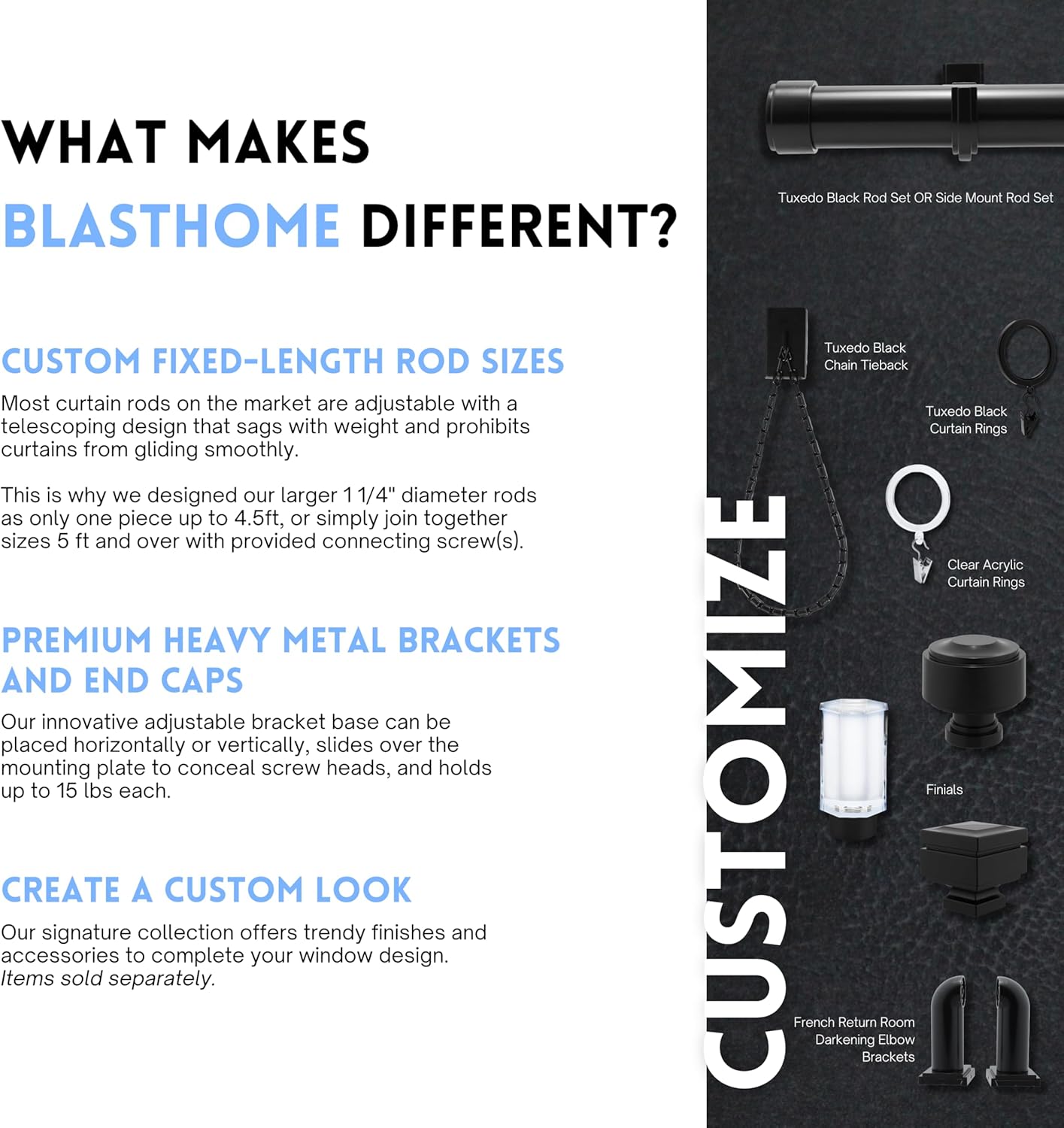 BlastHome® Non-Adjustable Luxury Curtain Rods for Windows, 1 ¼” Rod Set, 7 foot Fixed Length (Two Rods Connect for a Seamless Look), Tuxedo Black