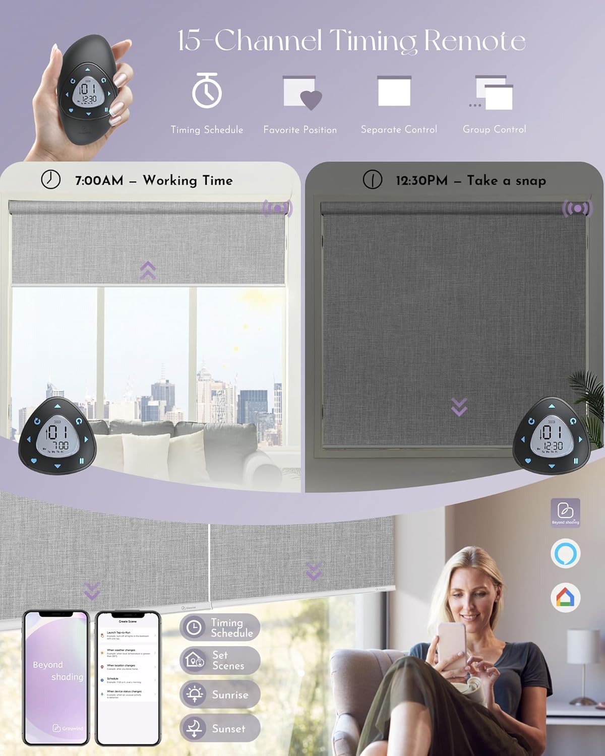 Graywind Motorized Roller Shades Compatible with Alexa Google Smart Blackout Shades with Remote Triple Weaved Fabric Window Blinds with Valance for Smart Home Office, Customized Size (Cloudy Grey)