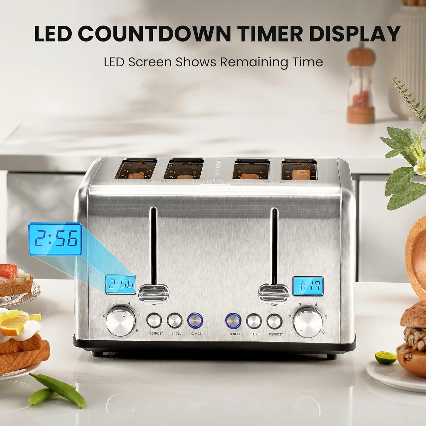 Roter Mond Countdown Stainless Steel 4 Slice Toaster with Bagel, Defrost, Cancel Function, Dual Toaster, Extra Wide Slots, 6 Shade Settings, Removable Crumb Trays, 1650W