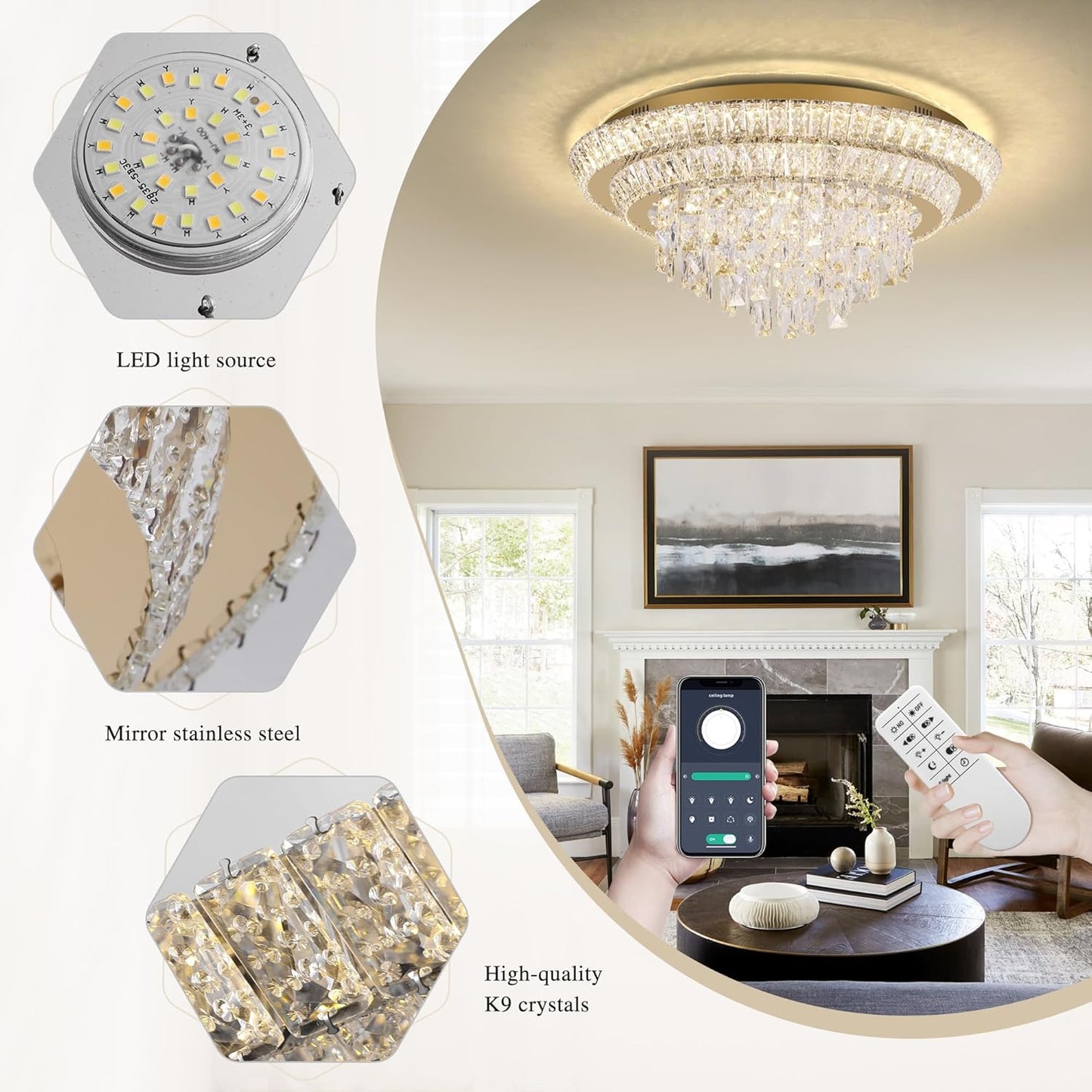 24 inch Flush Mount Crystal Chandelierse with Remote and APP Gold, Modern Elegant LED Crystal Raindrop Ceiling Light Fixtur, 3CCT Dimmable, for Living Room Kitchen Island Bedroom Entryway Foyer