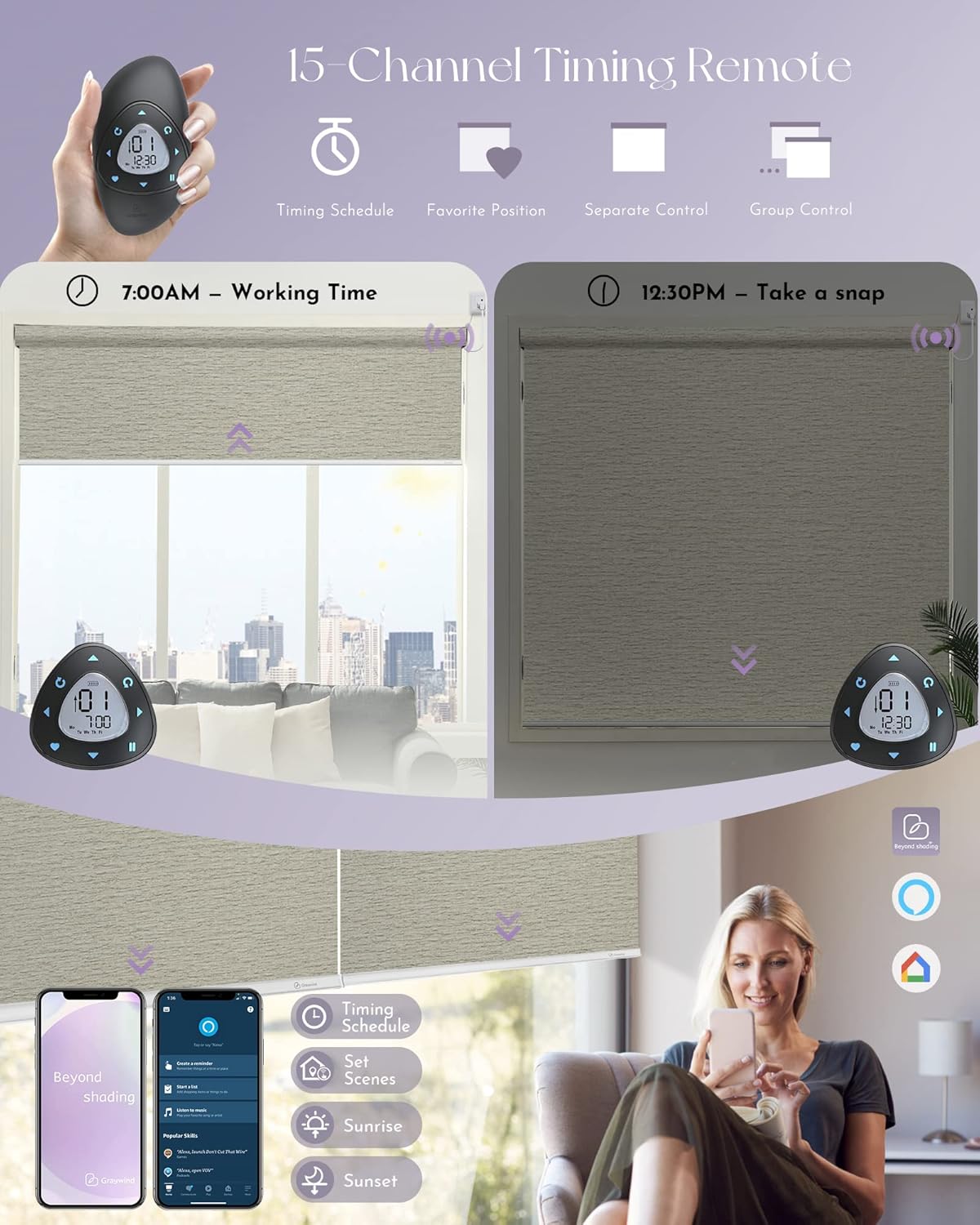 Graywind Smart Blackout Roller Shades Compatible with Alexa Google WiFi Hardwired Textured Fabric Motorized Blinds Remote Window Shades, Custom Size (Frequency Sand)