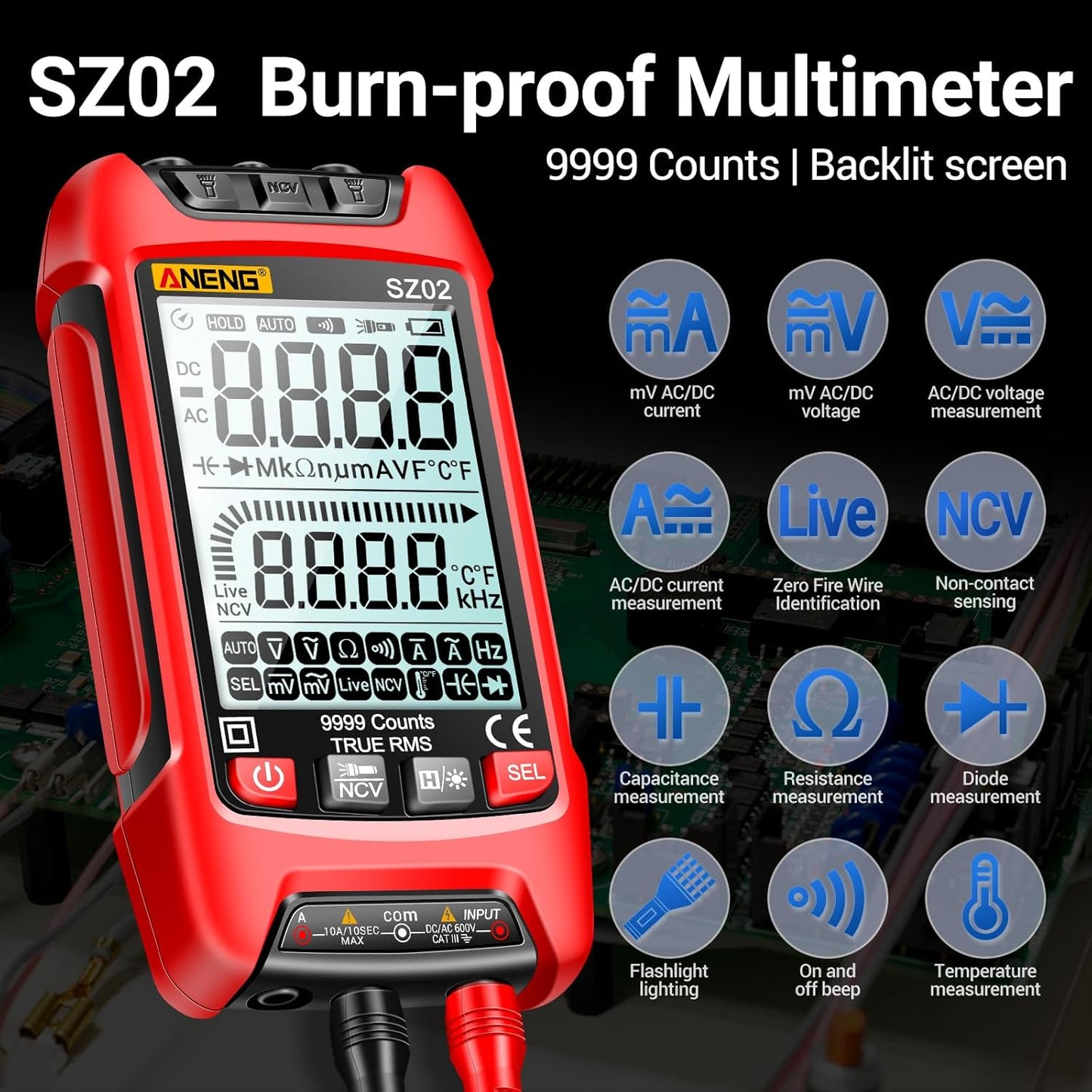 ANENG SZ02 Multimeter,Digital Voltage Tester Meter,TRMS 9999 Counts Voltmeter Measures ac/dc Current,Voltage,NCV,Resistance,Continuity,Capacitance,Diodes,Auto-Ranging Ohm,Amp Electrical Tools