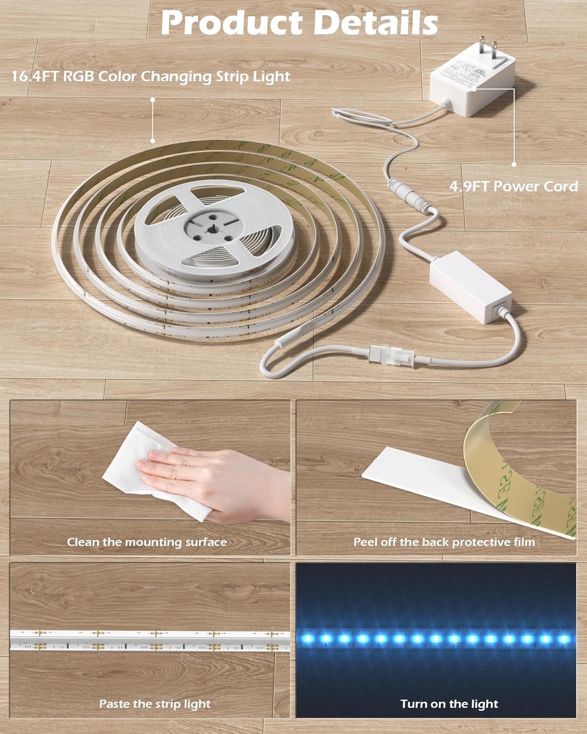 RGB COB LED Strip Light, 16.4ft Led COB Light Strip with Remote, Dimmable Smart App, Color Changing Music Sync, Smart Indoor RGB Led Lights for Bedroom, Home Decor, Party