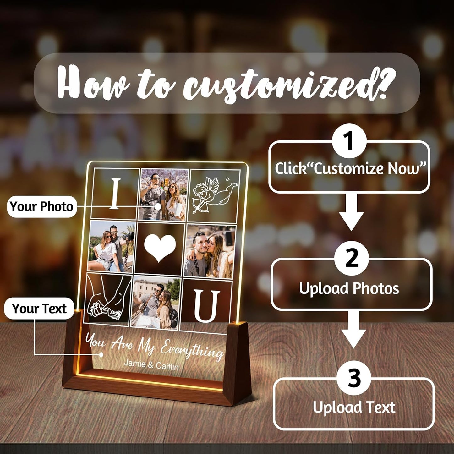 Customized Couple Birthday Gifts For Boyfriend Girlfriend Him Her, Custom Light Up Picture Frame Acrylic Plaque With Photo Name, Personalized Anniversary Wedding Christmas Gifts For Women Men