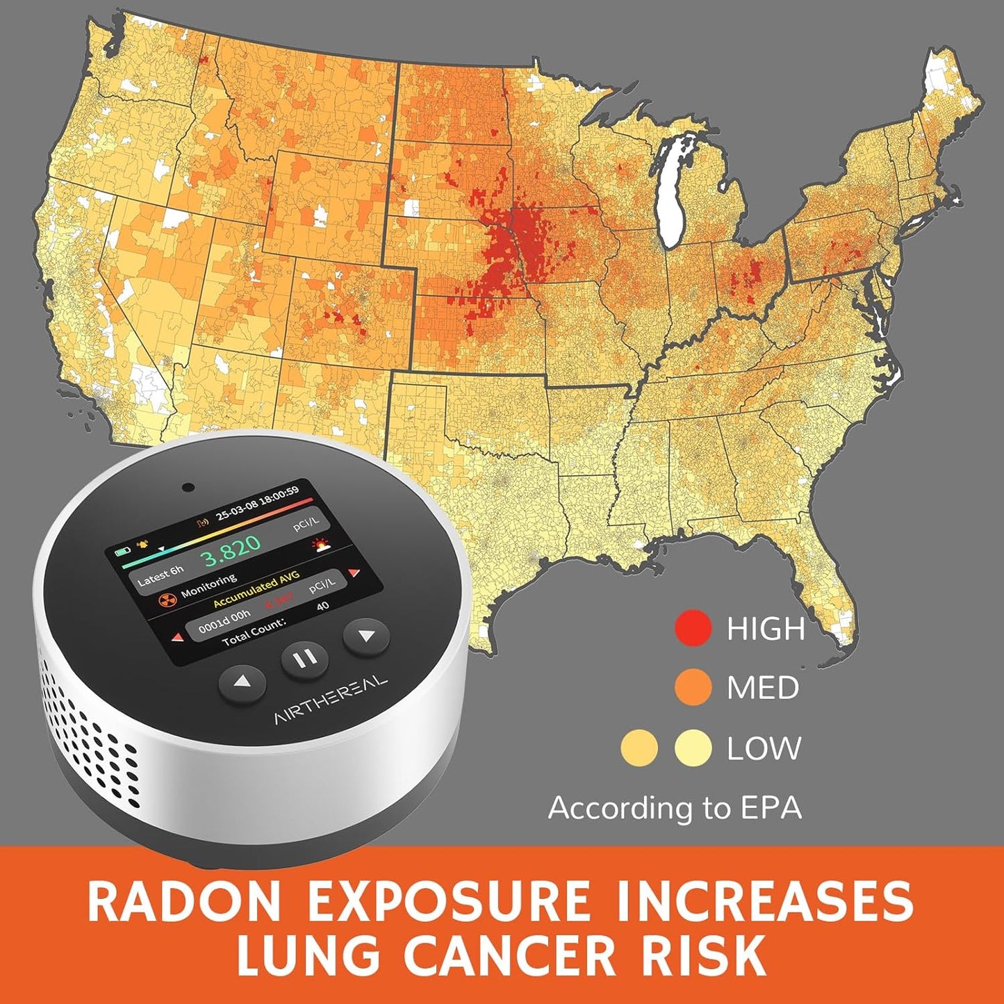 Airthereal Portable Radon Detector for Home – 504-Day Data Storage for Long Term Monitoring, LCD Color Display, Fast 6H Results, Long Battery Life, Audible & Visual Alarm - Upgraded 2025 Version