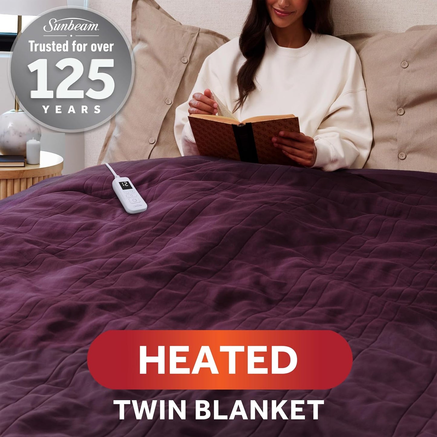 Sunbeam Royal Ultra Fleece Heated Electric Blanket Twin Size, 84" x 62", 12 Heat Settings, 12-Hour Selectable Auto Shut-Off, Fast Heating, Machine Washable, Warm and Cozy, Claret