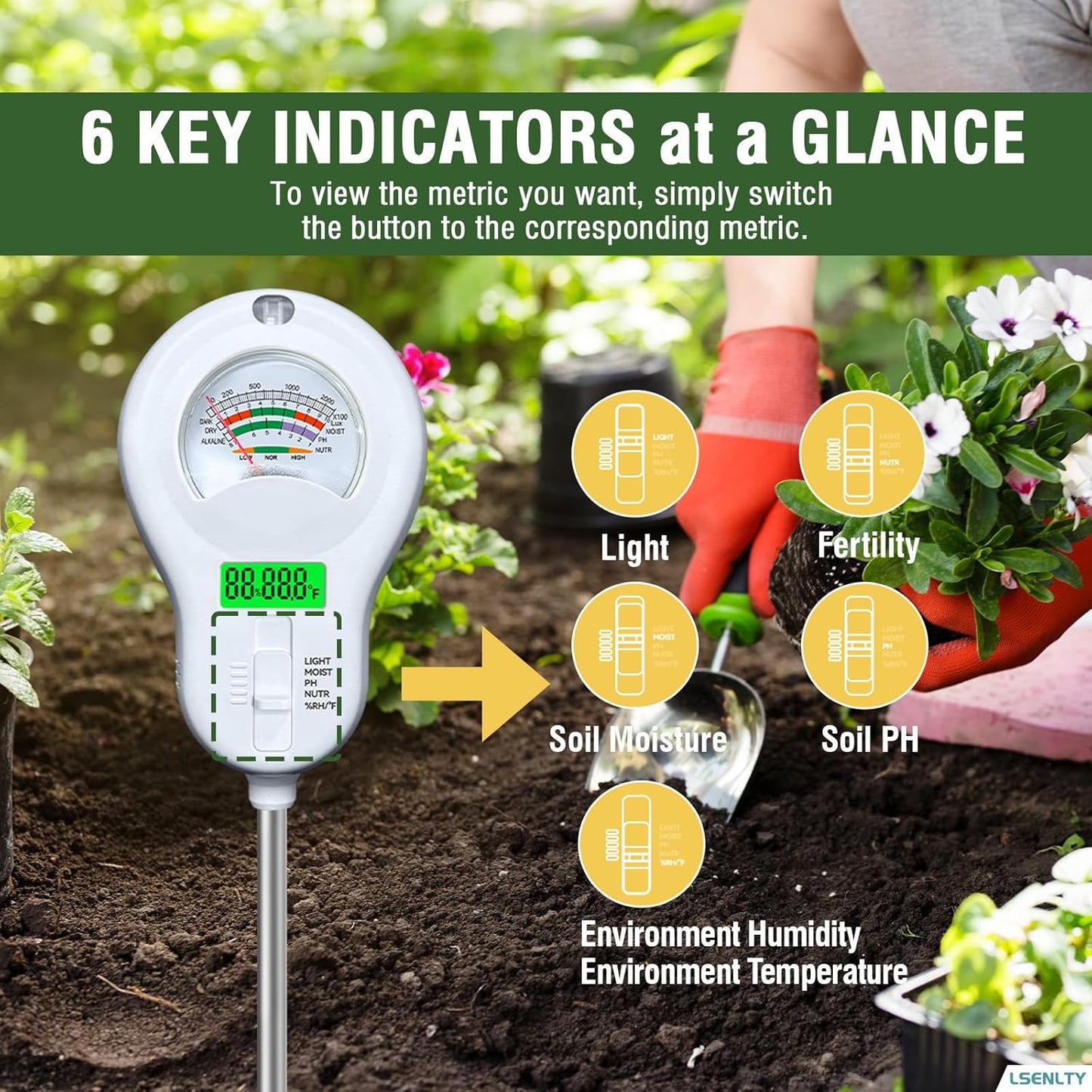 Soil Moisture Meter, 6-in-1 Soil pH Meter, Measures Temperature, Humidity, Light Intensity, nutrients, pH, and Ambient Humidity. Suitable for Horticulture, lawns, and Agriculture