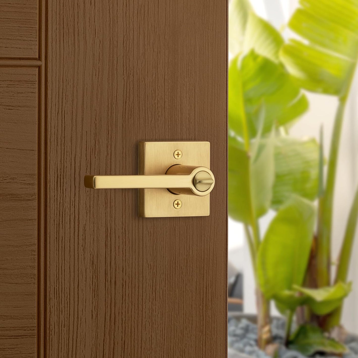 Kwikset Halifax Entry Door Handle with Lock and Key, Secure Keyed Reversible Lever Exterior, for Front Entrance and Bedrooms, Satin Brass, 4 Pack, Pick Resistant SmartKey Rekey Security