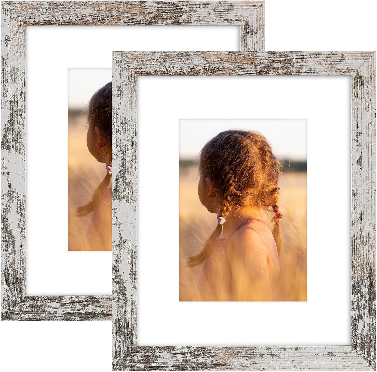 Golden State Art, 8x10 Picture Frame with Mat for 5x7 Photo - High Definition Glass Wall Mounting or Tabletop Display (Weathered White, 2 Pack)