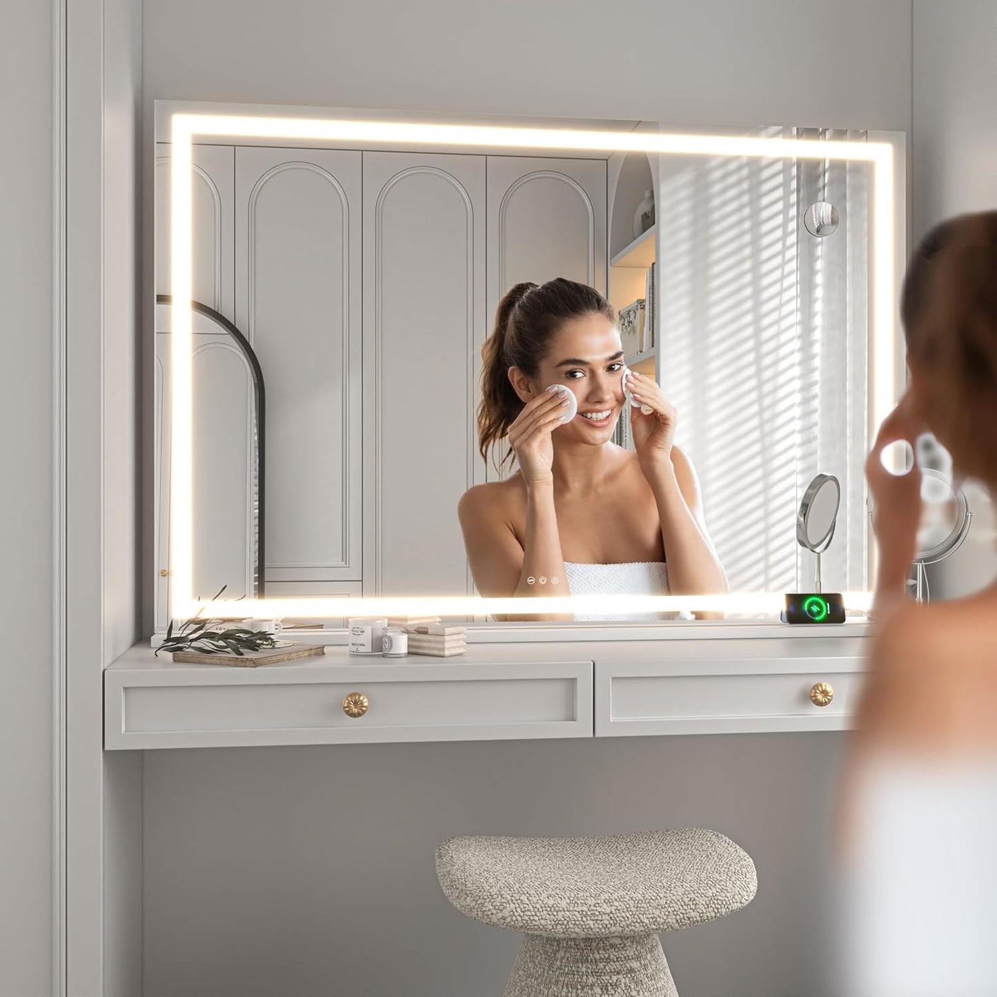 Hasipu Vanity Mirror with Lights, 55" x 36" LED Makeup Mirror, Lighted Makeup Mirror with Dimmable 3 Modes, Touch Screen Control Vanity Mirror Square White