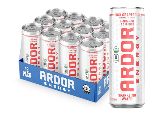 ARDOR ENERGY Sparkling Water with 100mg Natural Caffeine & 200mg L-Theanine from Organic Green Tea for Smooth Energy & Focus | Healthy Energy Drink | No Sugar, Zero Calories, Vegan, Gluten-Free | Pink Grapefruit (Pack of 12, 12oz cans)