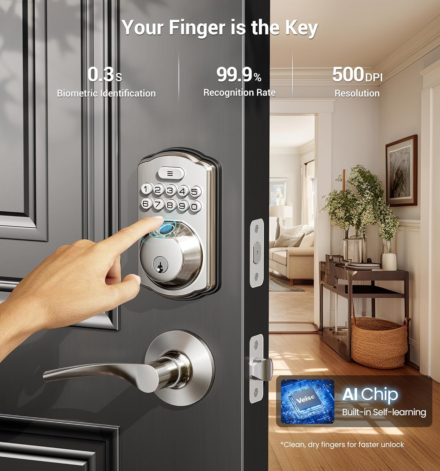 Veise Fingerprint Door Lock with 2 Lever Handles - Keyless Entry Door Lock, Electronic Keypad Deadbolt, Digital Smart Code & Front Handle Sets, Auto-Locking, Easy Installation, Satin Nickel