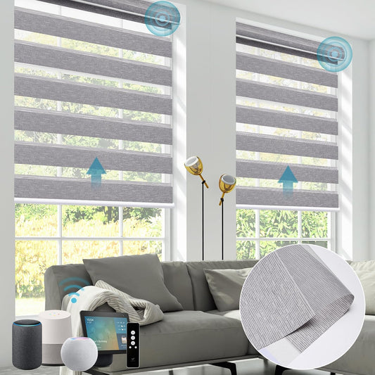 SmartWings Motorized Zebra Shades - Compatible with HomeKit, Alexa, SmartThings, Google - Remote Control Light Filtering Sheer Shades, 50% Blackout, for Smart Home/Office, Grey, Customized
