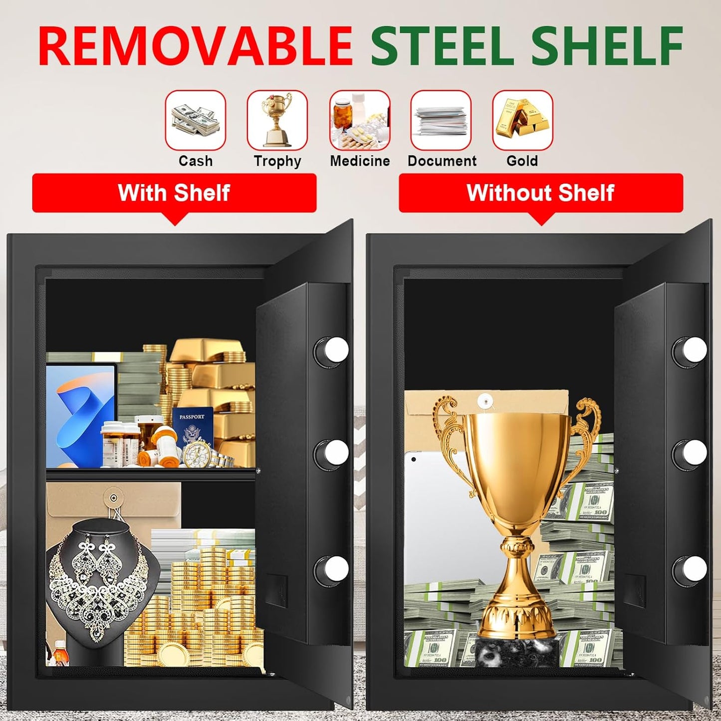 3.3 Cubic Feet Large Fireproof Safes for Home Use, Anti-Theft Digital Security Safe Box With Programmable Keypad & Spare Keys, Home Safes Water and Fireproof for Documents Money Valuables