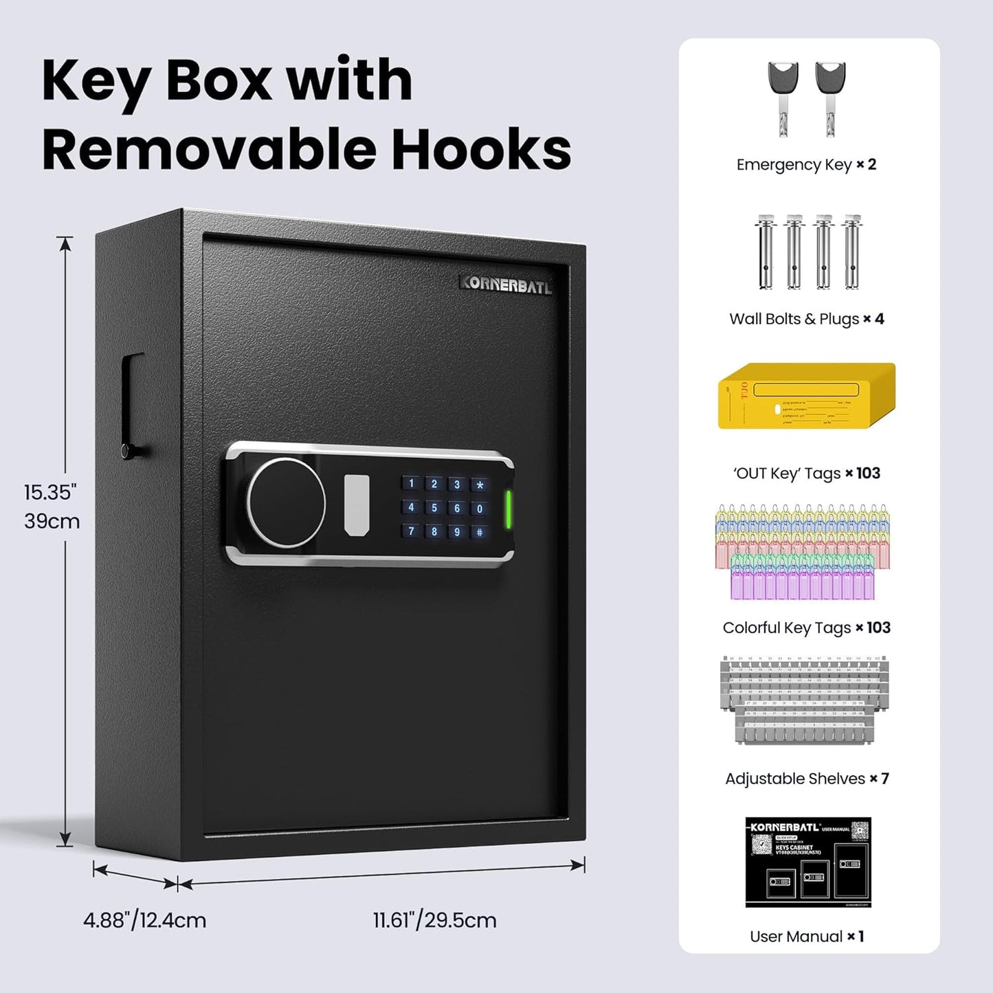 Heavy Duty 103 Keys Electronic Key Lock Box with Anti-Theft Deposit Key Slot & Key Out Tags, Key Cabinet Wall Mount with Code for Home Office