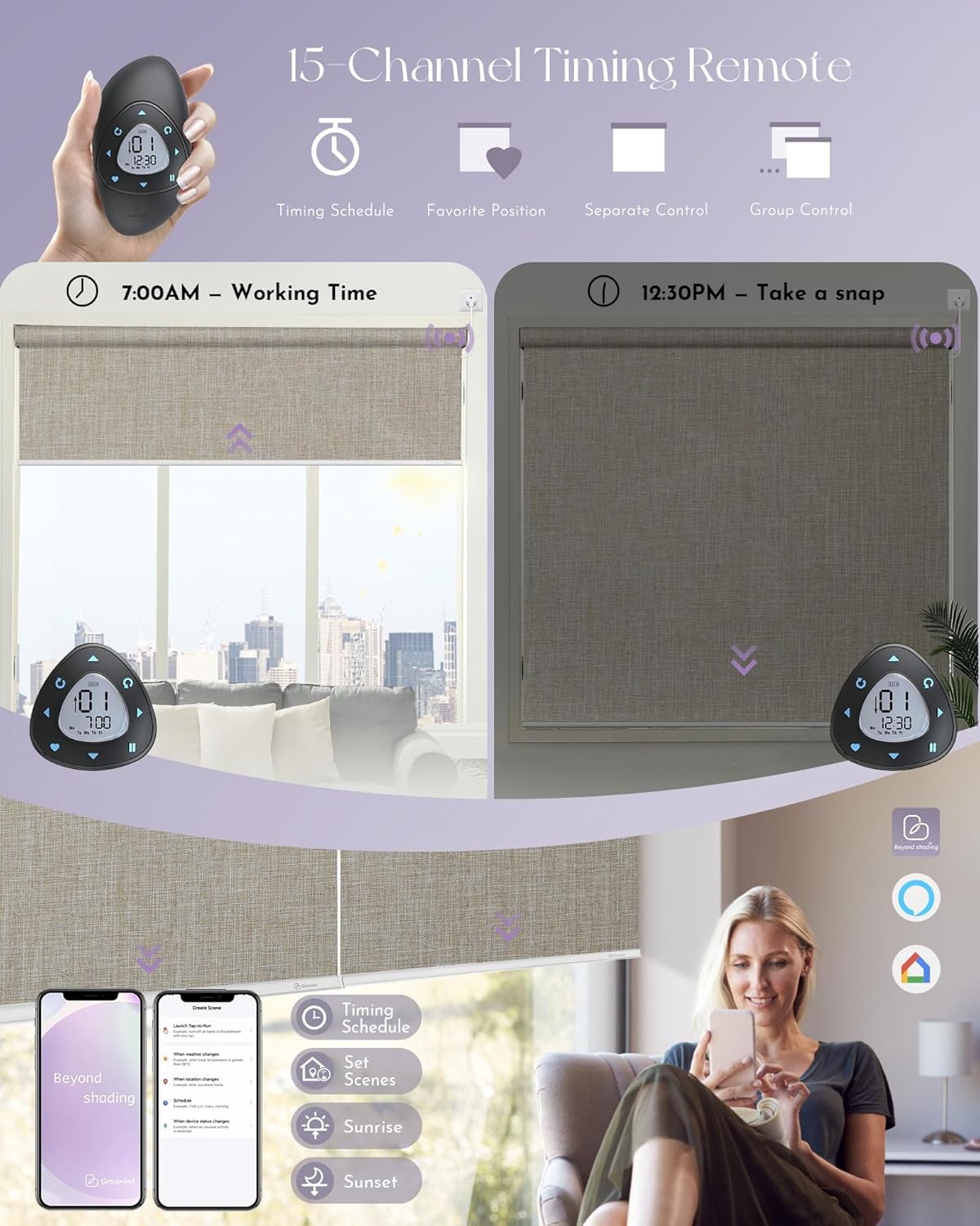 Graywind Smart Blackout Roller Shades Compatible with Alexa Google WiFi Hardwired Triple Weaved Fabric Motorized Blinds Remote Window Shades, Custom Size (Light Coffee)