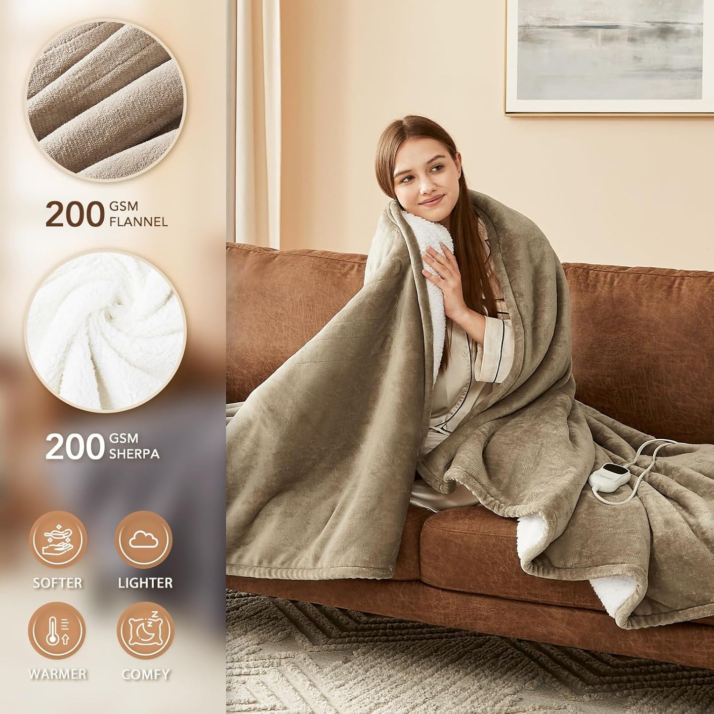 Homemate Electric Heated Blanket King Size - 100"x90" Heating Blanket King Size Dual Control 1/2/4/6/8 Hours Auto-Off 10 Heat Level Over-Heat Protection Flannel Sherpa ETL Certification