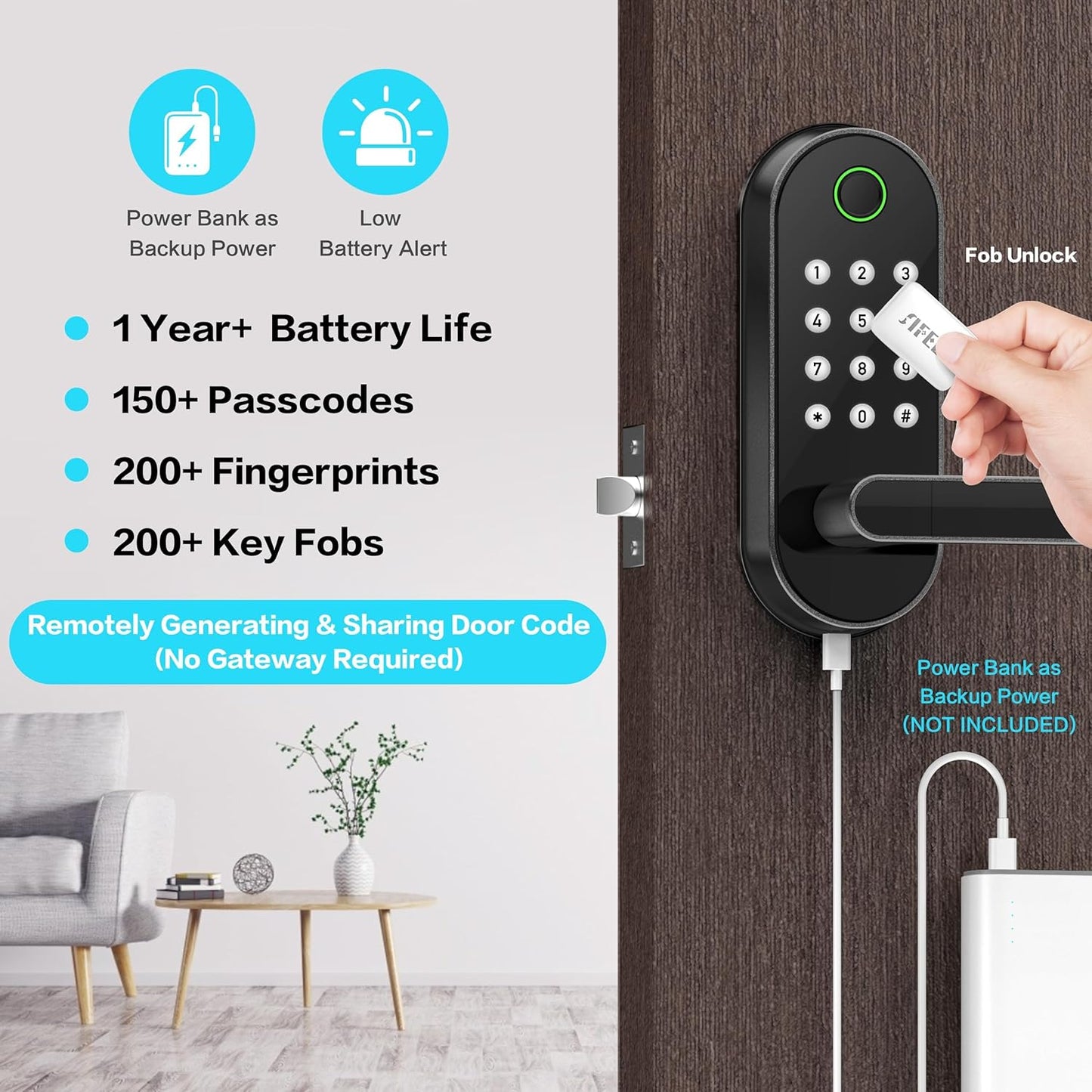 Fingerprint Smart Door Lock with Handle & Keypad – Bluetooth Keyless Entry for Front Door, Home, Kids, Guests, Airbnb & Rental, App + Code Access, Compatible with Alexa & Google, Easy DIY Install