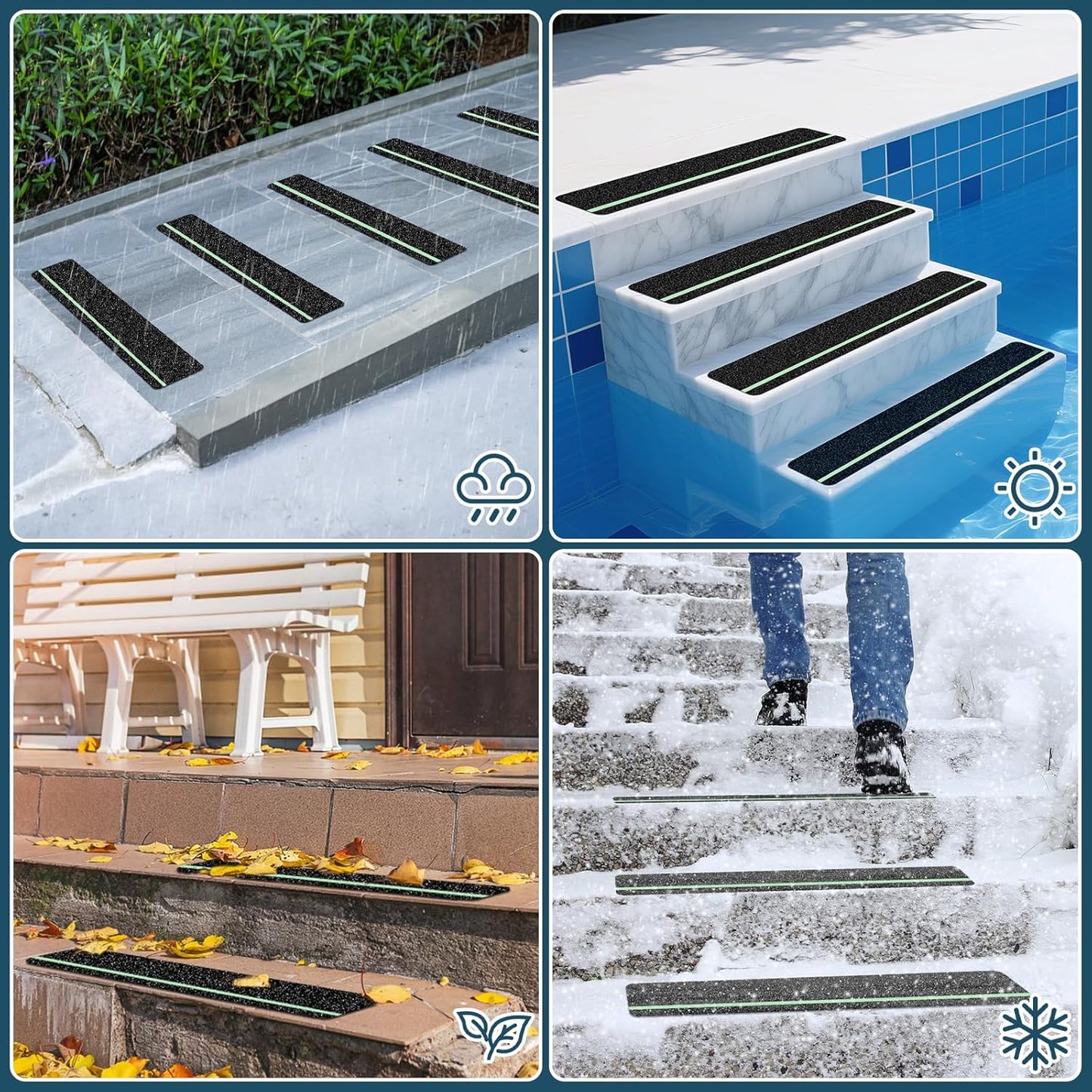 10 Pack 4” x 24” Anti Slip Traction Treads with Glow in The Dark Stripe, Outdoor Waterproof Non Skid Pre-Cut Tape with Roller, High Traction Friction Abrasive Adhesive for Stairs Step