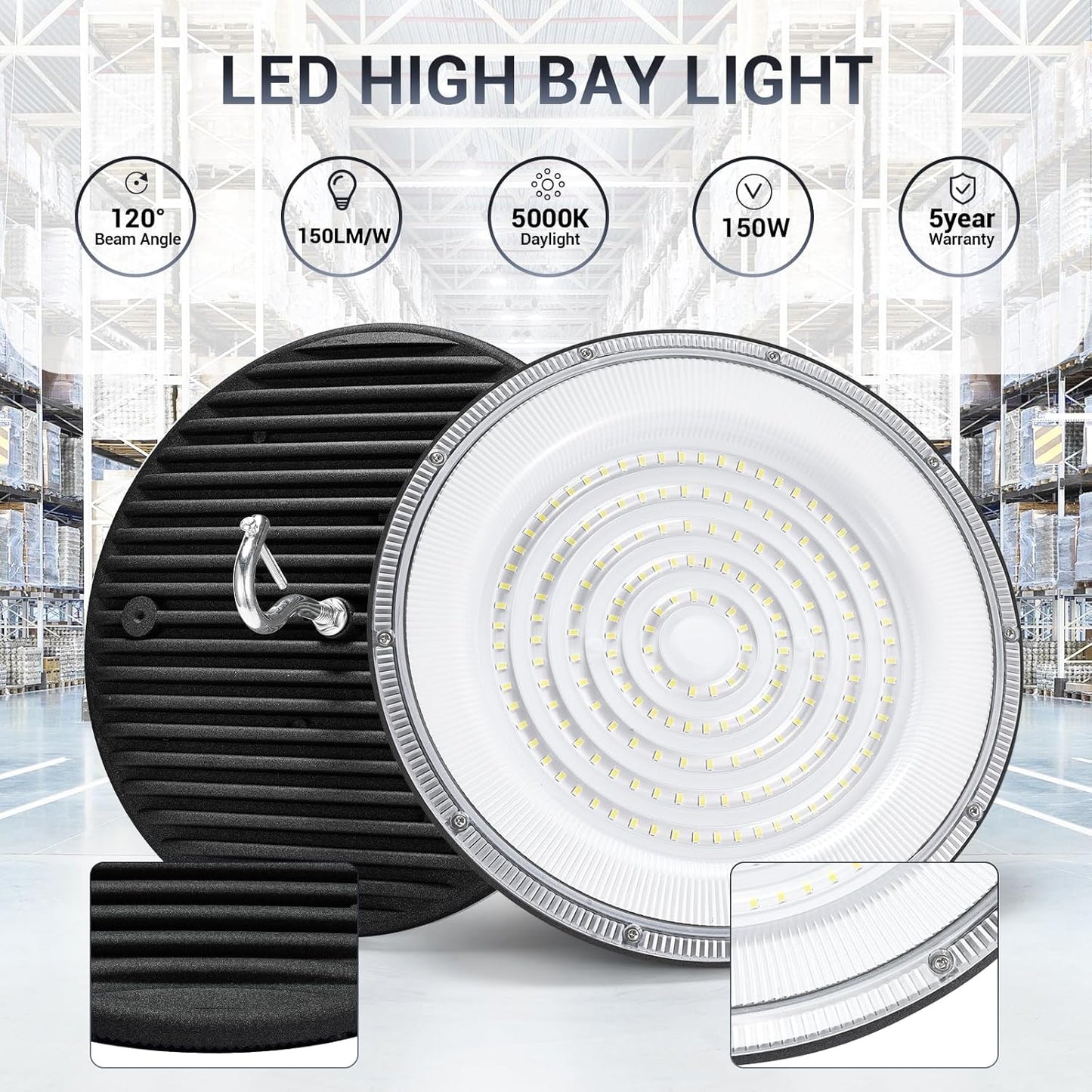 6 Pack 150W UFO Led High Bay Light,120VAC,21050LM 5000K Daylight Area Lighting,IP66 Waterproof 650W MH/HPS with Plug Commercial Bay Lighting for Warehouse/Shop/Workshop/Barn/Gym/Factory