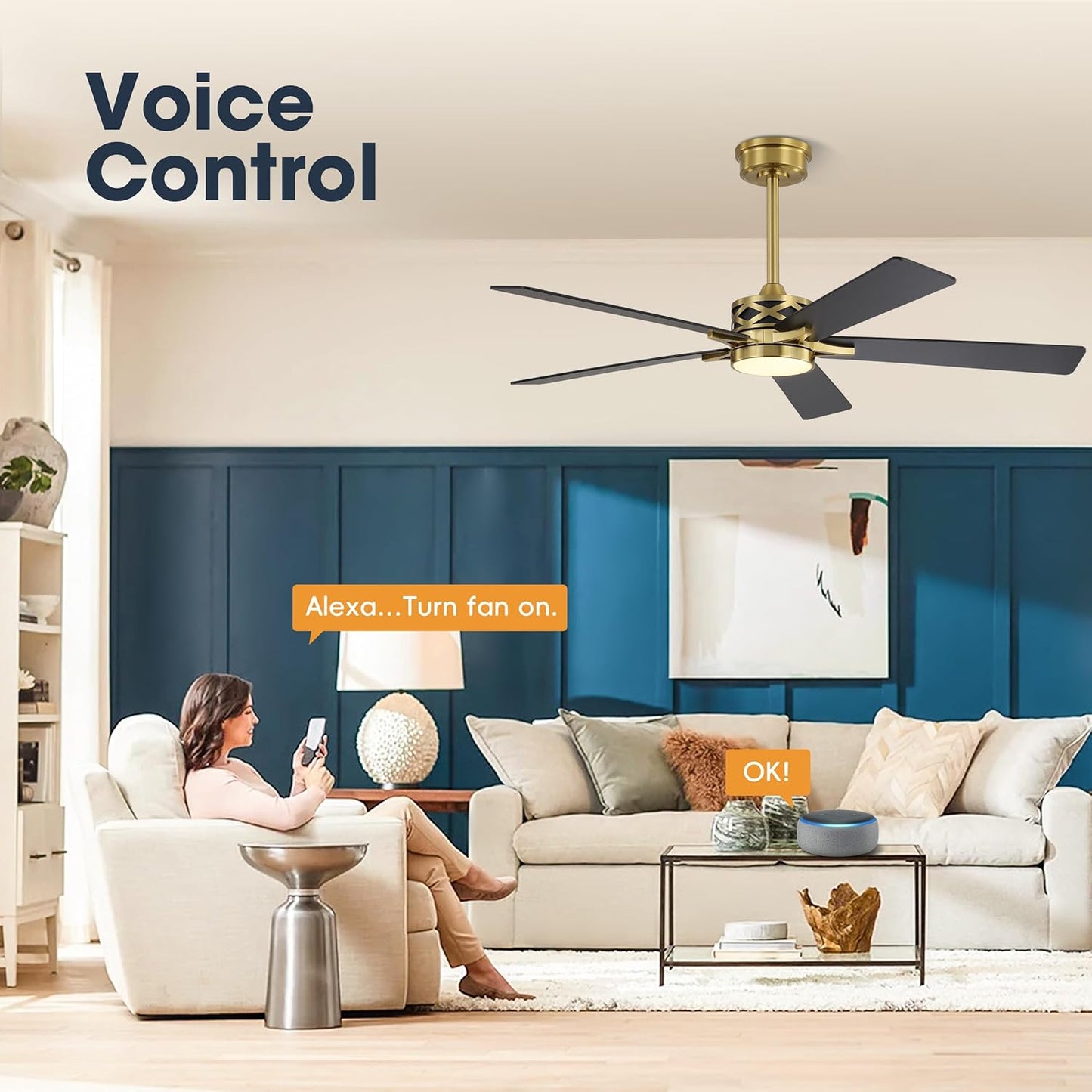 WINGBO 52" Smart Ceiling Fan with Lights, 5 Plywood Blades, 6 Speeds Reversible DC Motor, Works with Alexa and Google Assistant, 3CCT Dimmable LED Ceiling Fan for Bedroom Living Room, Brass and Black