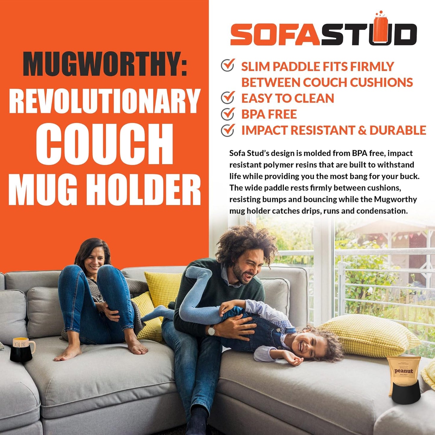 Mugworthy Couch Mug & Cup Holder - Spill Proof, Convenient, Versatile Drink Coaster Molded from BPA Free, Impact Resistant, Durable Plastic That Fits Coffee Mugs, Large Cups, Bottles & More