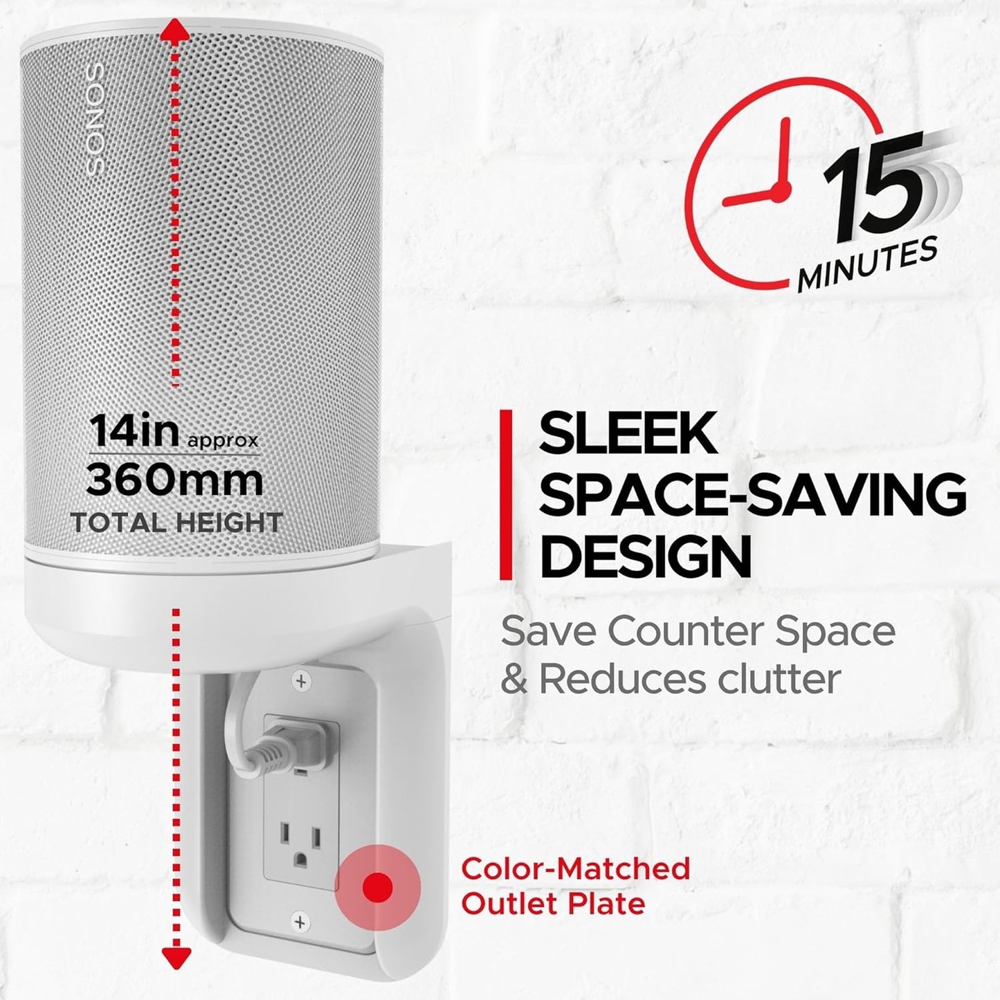 Sound Bass ERA100 Shelf Wall Outlet AC, White, Home, Compatible with Sonos ERA 100, Plug Mount Organizer, Bathroom, Kitchen, Bedrooms, Cord Management, Easy Installation, Mounting Kit Included