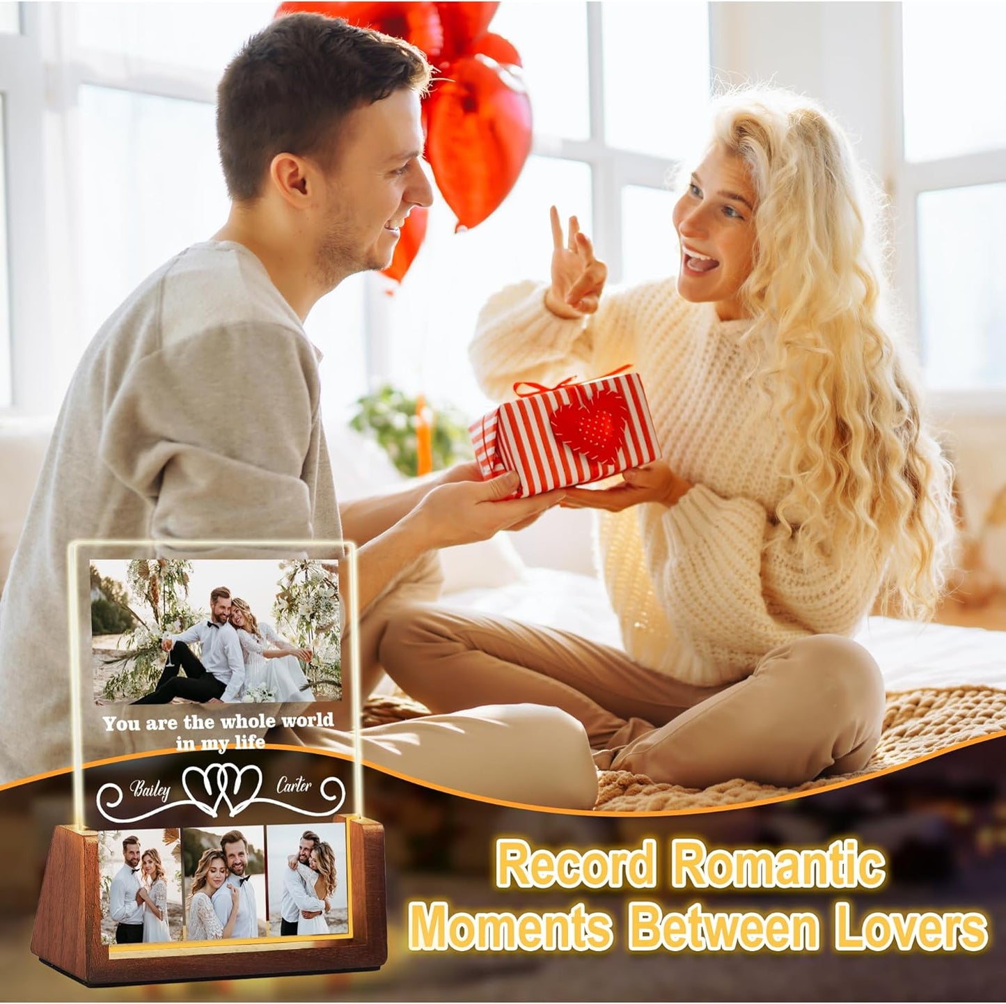 Personalized Couple Birthday Gifts For Girlfriend Boyfriend Him Her, Custom Acrylic Plaque Light Up Picture Frame With Photo Name, Customized Anniversary Christmas Gifts For Women Men Husband Wife