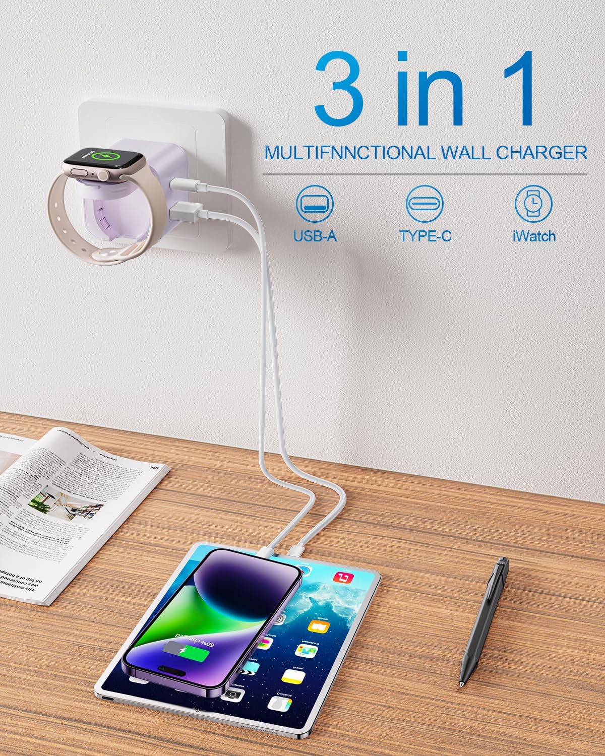 36W for Apple Charging Block with Built-in Watch Charger, Foldable PD Fast Charger Block for iPhone, Dual Ports Wall Charger Compatible with Apple Watch iPhone AirPods(Purple)