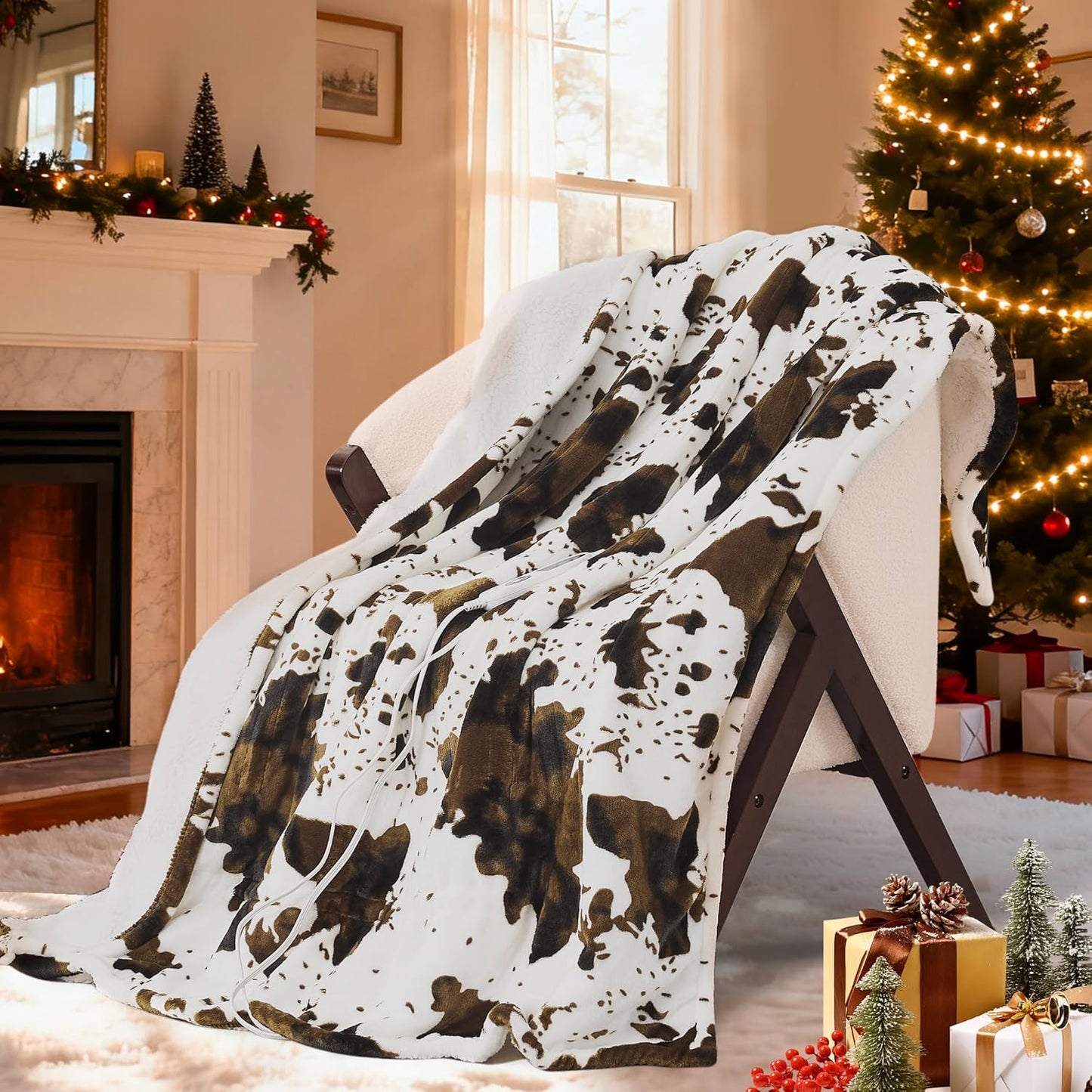 Brown Cow Print Heated Throw Blanket, Electric Blanket with 6 Heat Settings & 1-12H Timer, Cozy Soft Flannel Sherpa, Machine Washable, Warm Gift for Women, 50"x60"